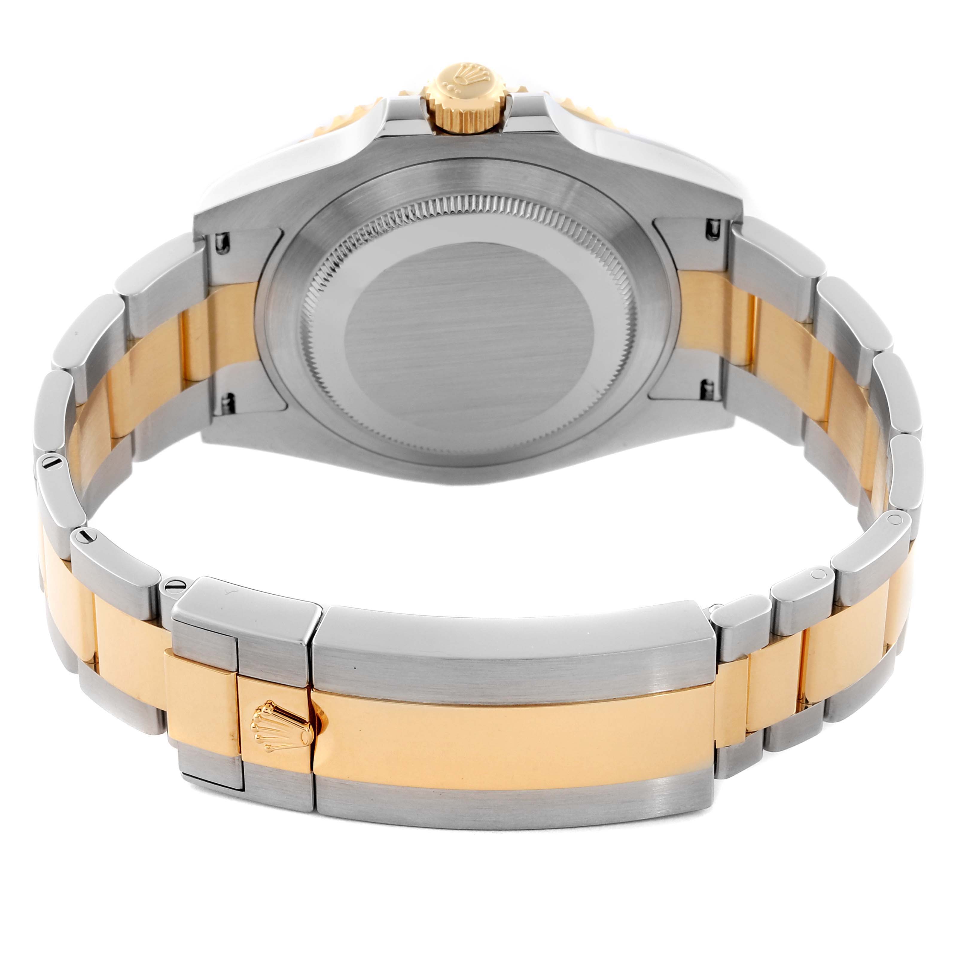 The Rolex Submariner 126613LN Men's Steel and Gold (two tone) Black Dial 126613LN Men's Steel and Gold (two tone) Black Dial is shown from the back, featuring the case back and the two-tone bracelet with the clasp.