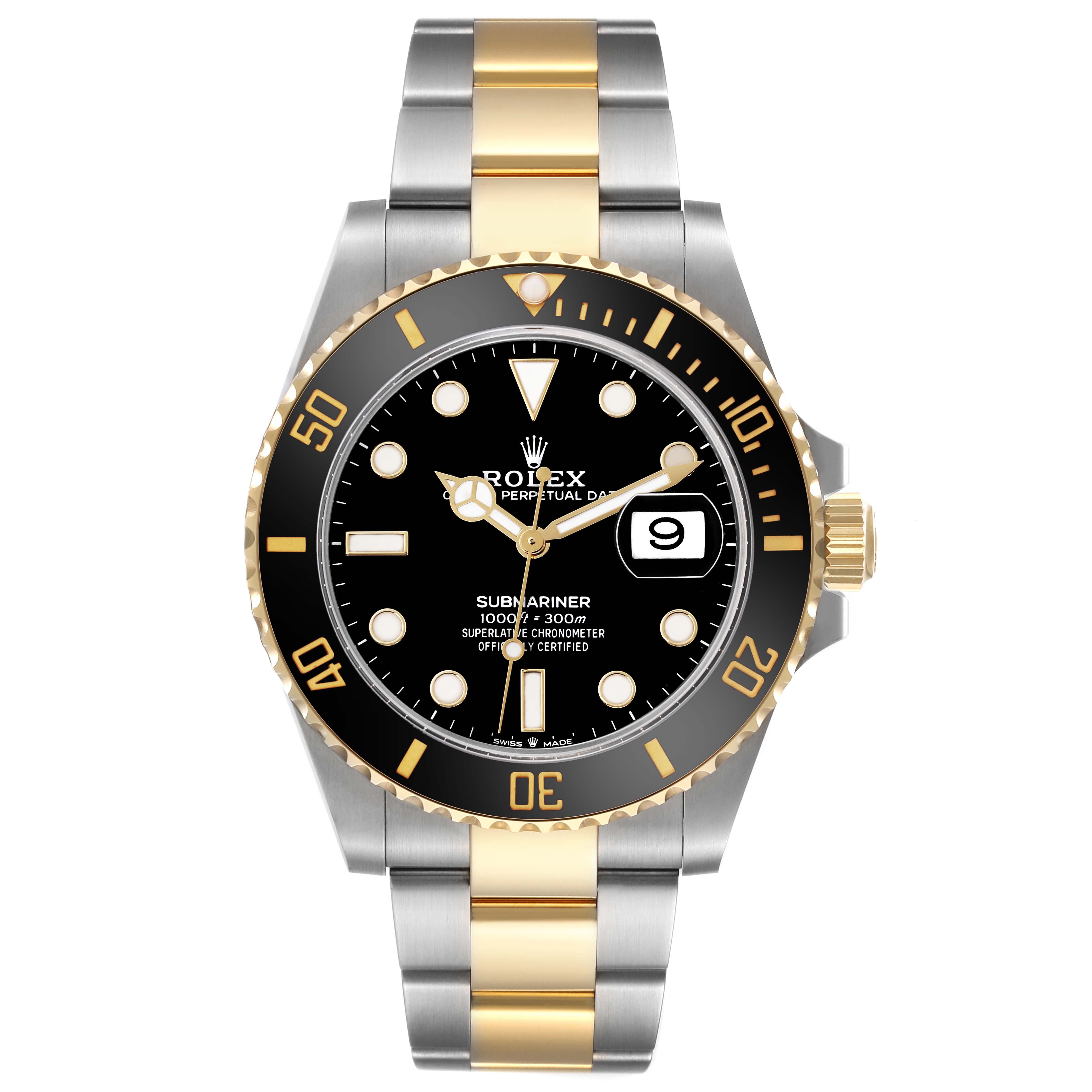 The Rolex Submariner 126613LN Men's Steel and Gold (two tone) Black Dial 126613LN Men's Steel and Gold (two tone) Black Dial watch is shown from a frontal angle, displaying its dial, bezel, and bracelet.
