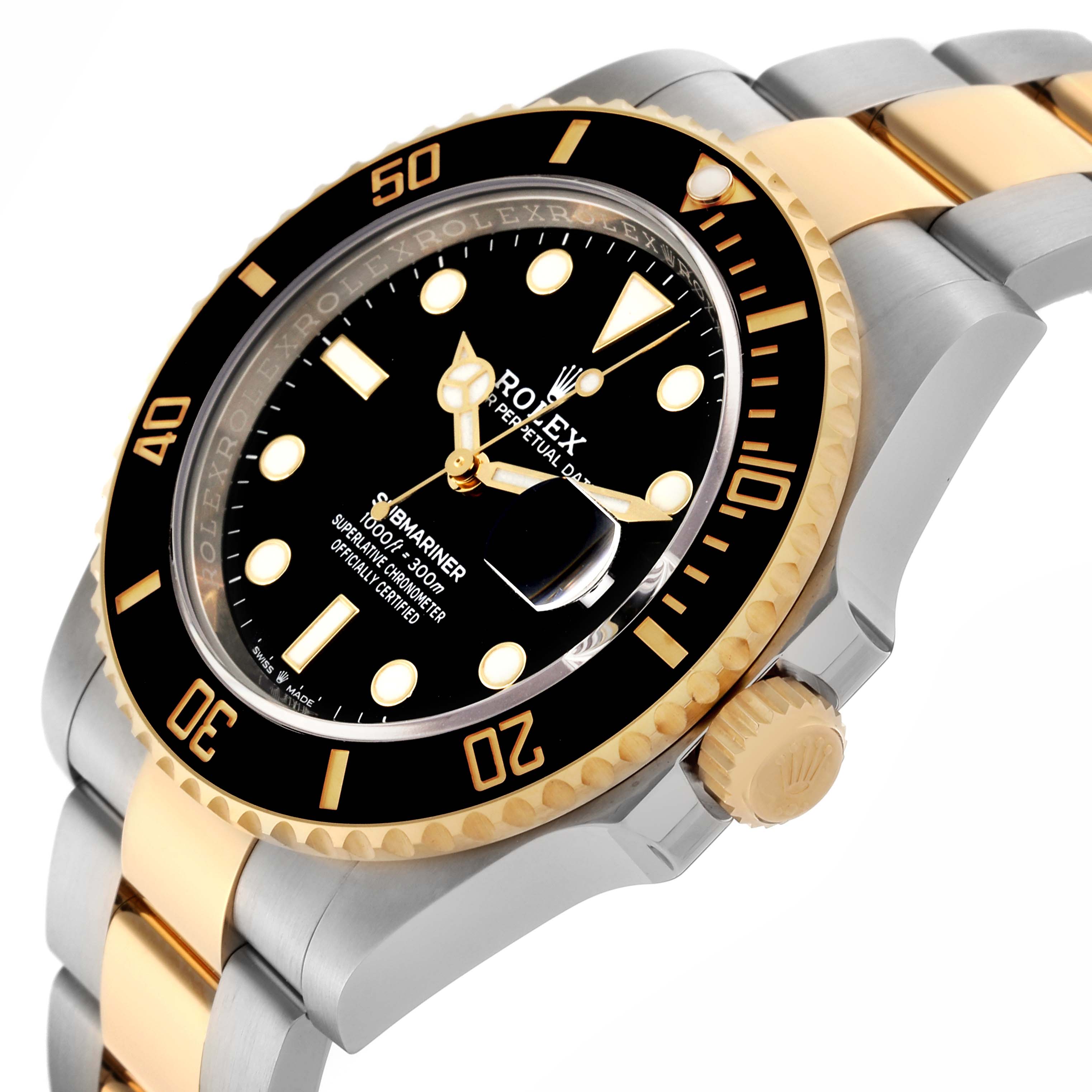 The image shows a Rolex Submariner 126613LN Men's Steel and Gold (two tone) Black Dial 126613LN Men's Steel and Gold (two tone) Black Dial watch at an angled side view, highlighting the bezel, dial, crown, and part of the bracelet.