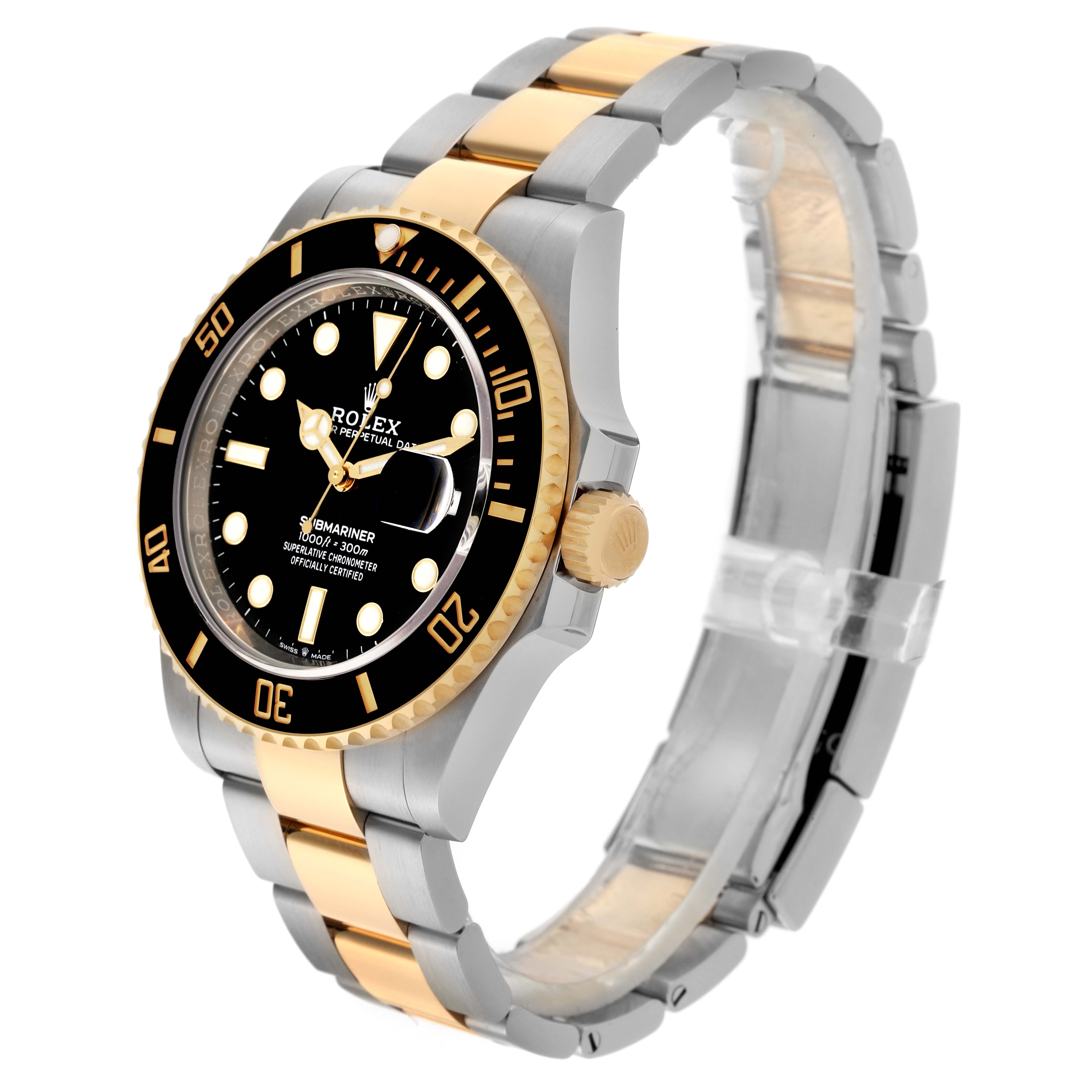 The Rolex Submariner 126613LN Men's Steel and Gold (two tone) Black Dial 126613LN Men's Steel and Gold (two tone) Black Dial watch is shown at a slight side angle, displaying the dial, bezel, crown, and two-tone bracelet.