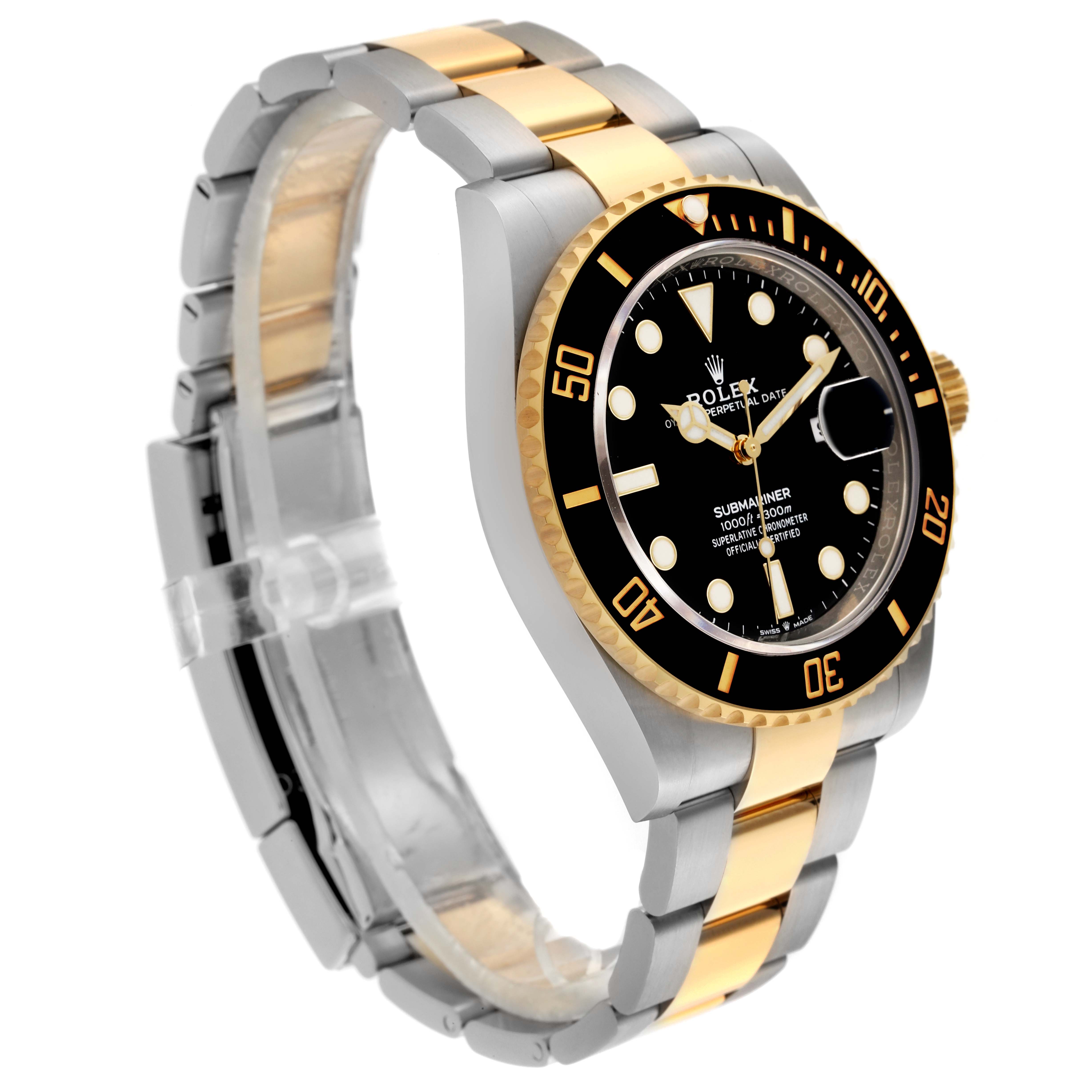 The image shows a Rolex Submariner 126613LN Men's Steel and Gold (two tone) Black Dial 126613LN Men's Steel and Gold (two tone) Black Dial watch at a three-quarter angle, highlighting the dial, bezel, and two-tone bracelet.