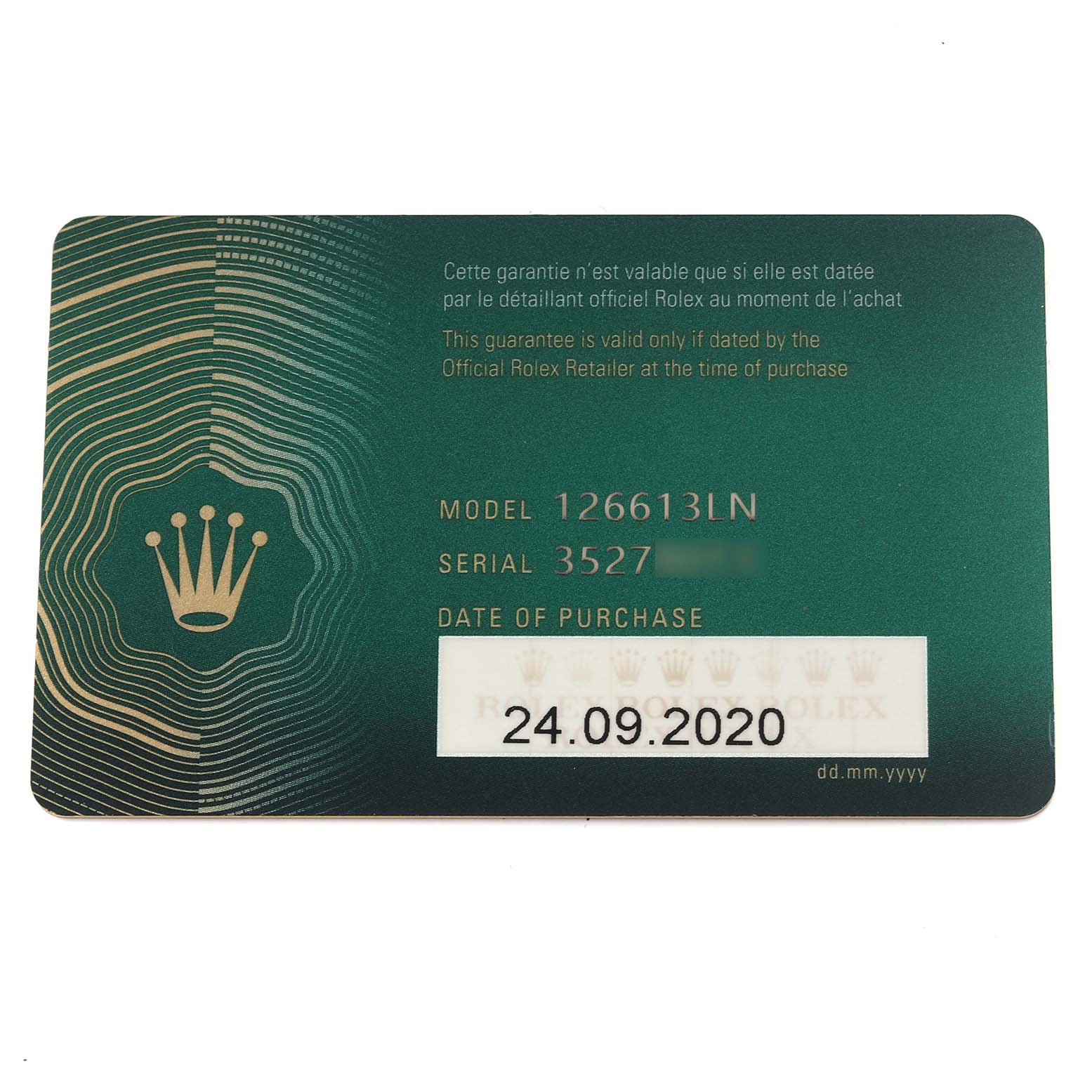 The image shows a warranty card for a Rolex Submariner 126613LN Men's Steel and Gold (two tone) Black Dial 126613LN Men's Steel and Gold (two tone) Black Dial, model 126613LN.