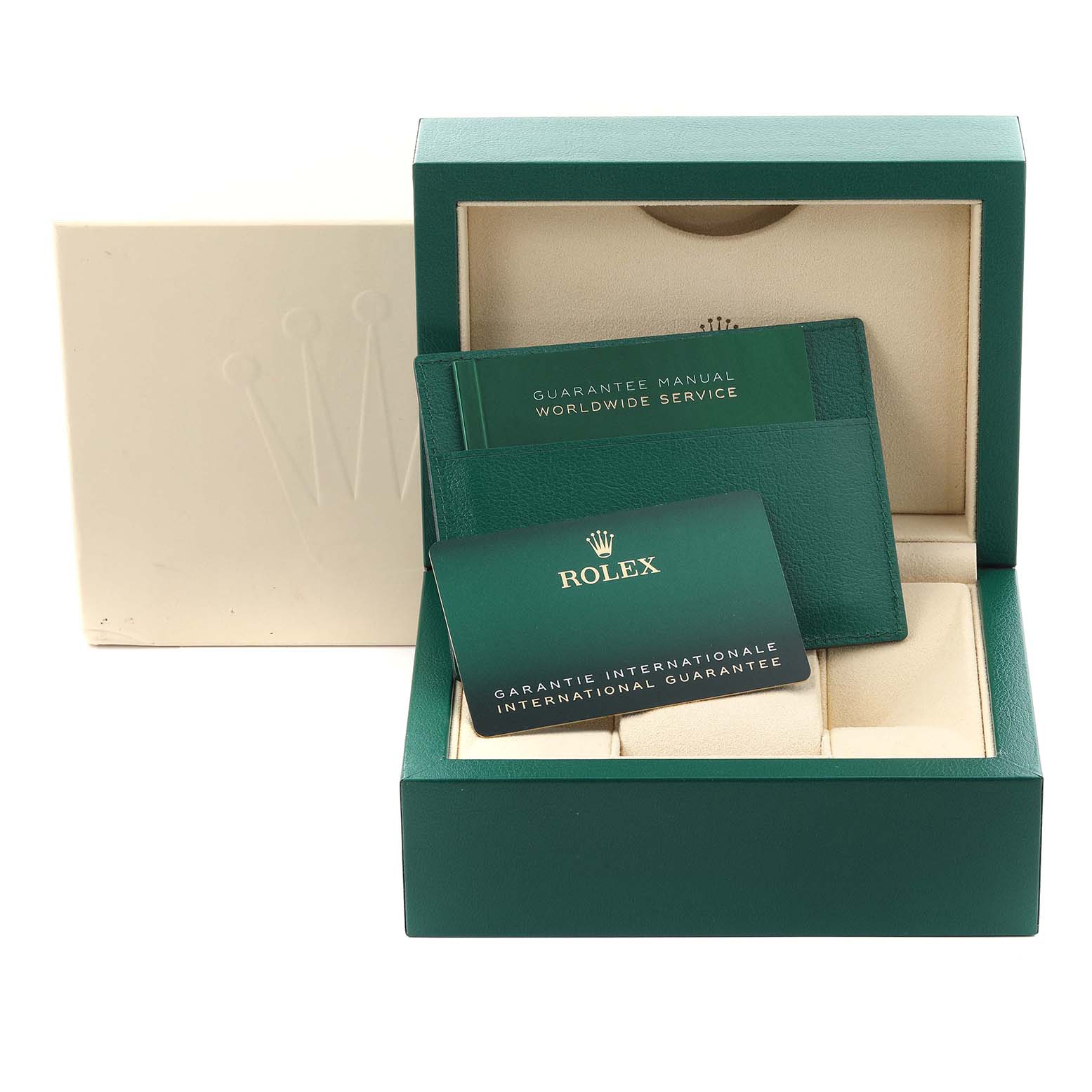 The image shows a Rolex Submariner 126613LN Men's Steel and Gold (two tone) Black Dial 126613LN Men's Steel and Gold (two tone) Black Dial box with guarantee and service booklets placed inside and in front of the open box.