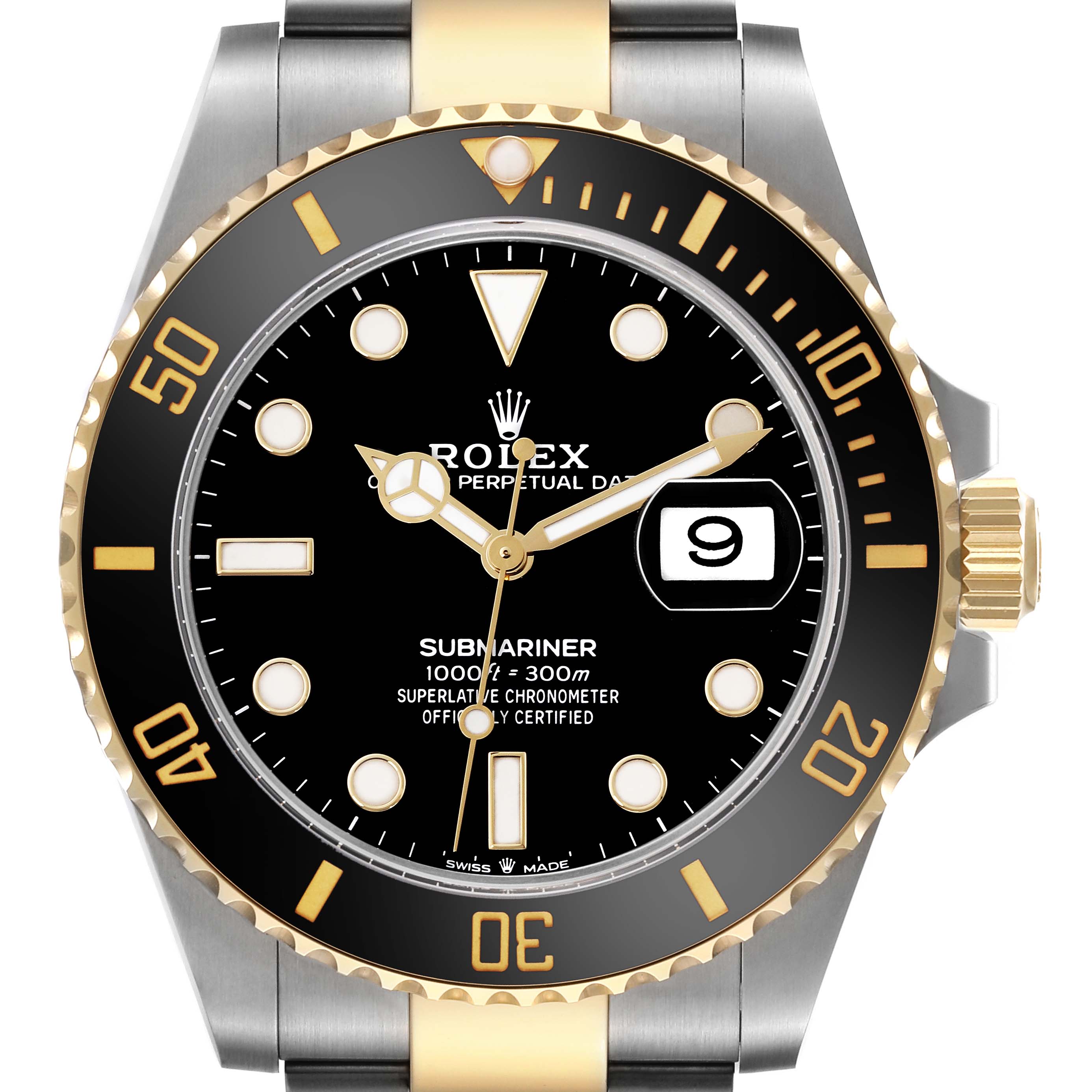 The image shows a front view of the Rolex Submariner 126613LN Men's Steel and Gold (two tone) Black Dial 126613LN Men's Steel and Gold (two tone) Black Dial, highlighting the bezel, dial, hands, and part of the bracelet.