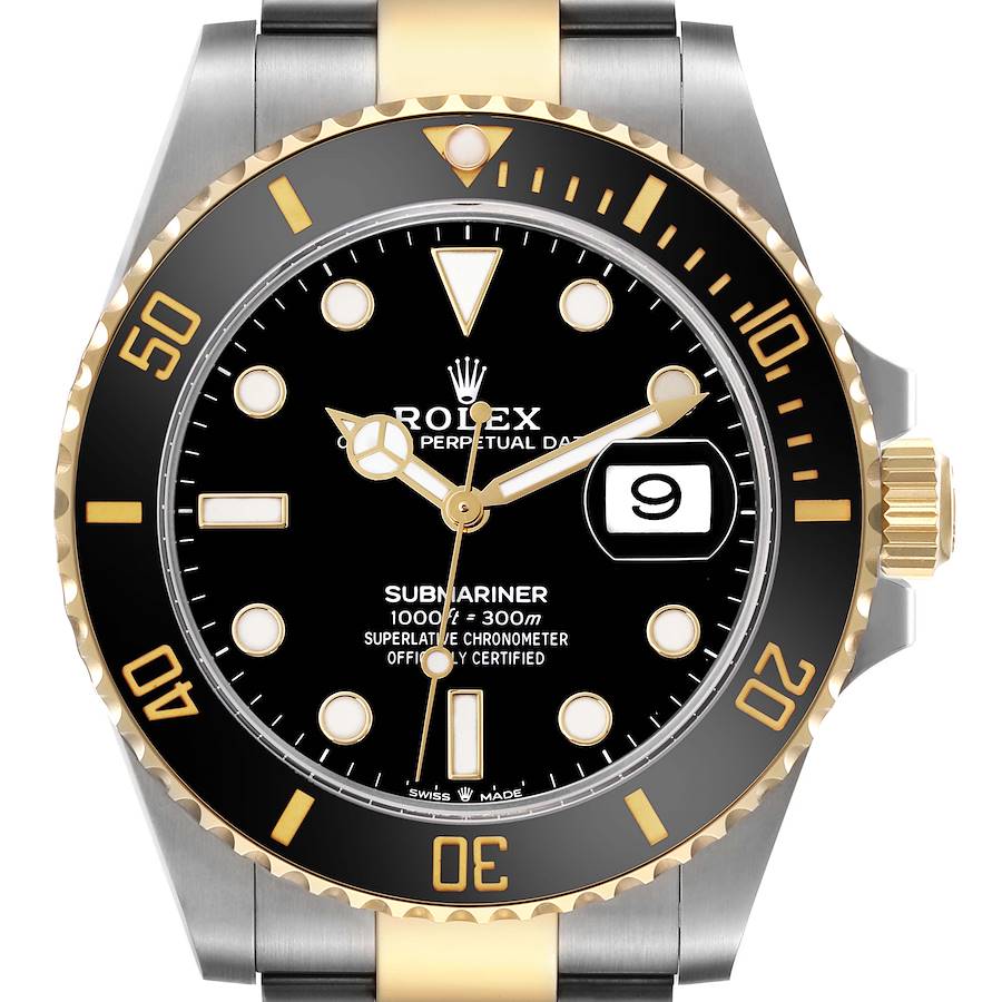 The image shows a front view of the Rolex Submariner, highlighting the bezel, dial, hands, and part of the bracelet.