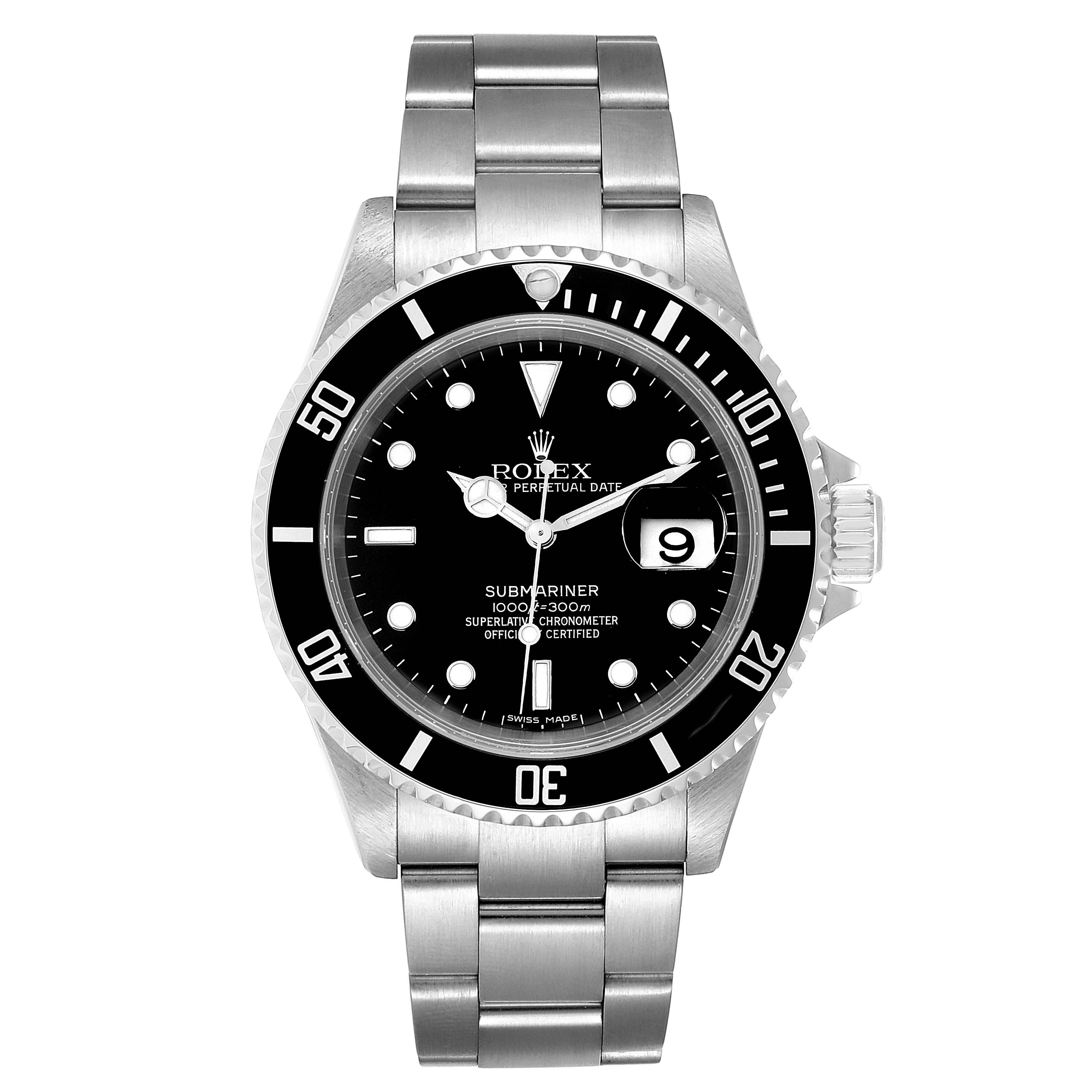 The image shows a front view of a Rolex Submariner 16610 Men's Stainless Steel Black Dial 16610 Men's Stainless Steel Black Dial watch, displaying its black dial, bezel, and silver bracelet.