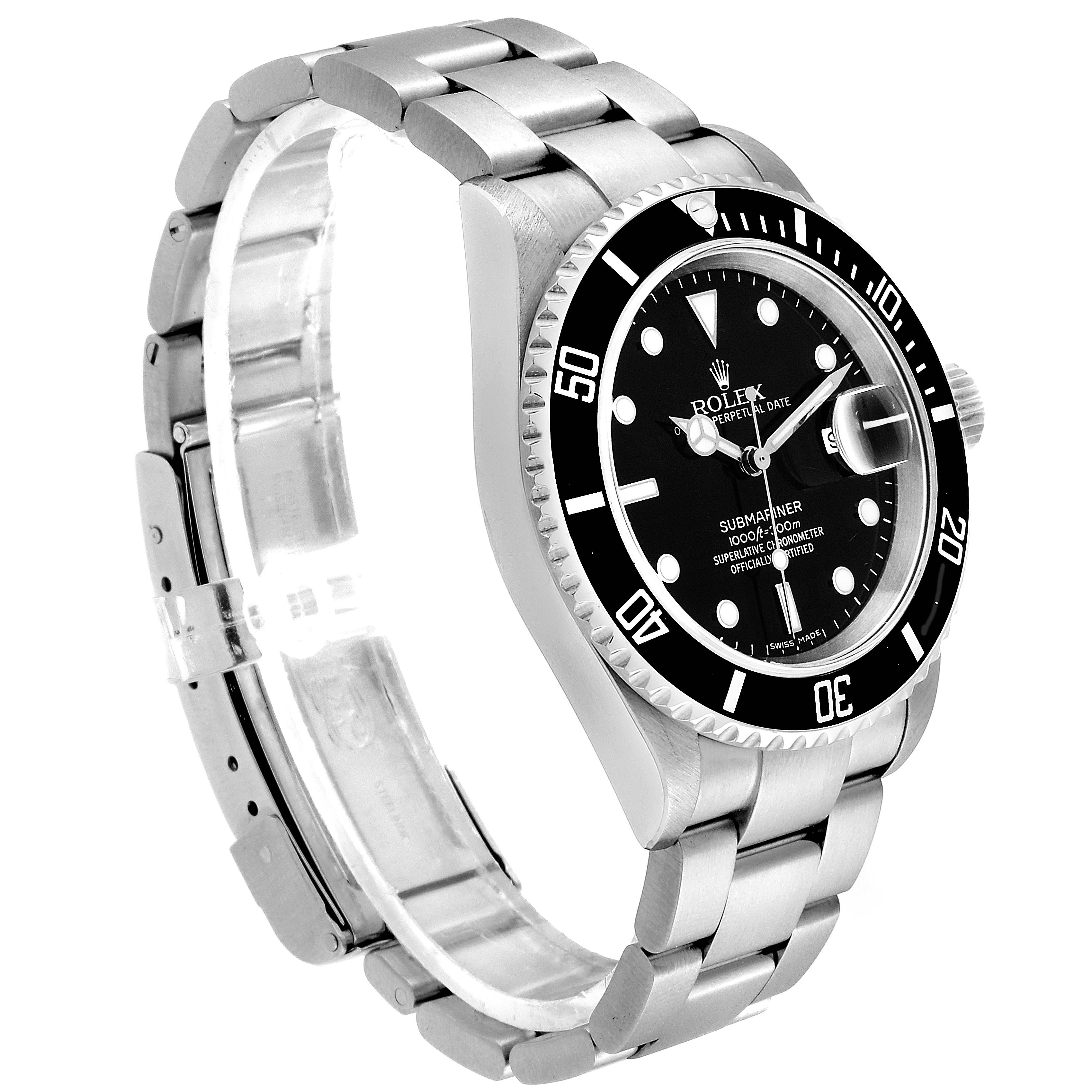 The Rolex Submariner 16610 Men's Stainless Steel Black Dial 16610 Men's Stainless Steel Black Dial watch is shown at a three-quarter angle, displaying the face, bezel, and bracelet.