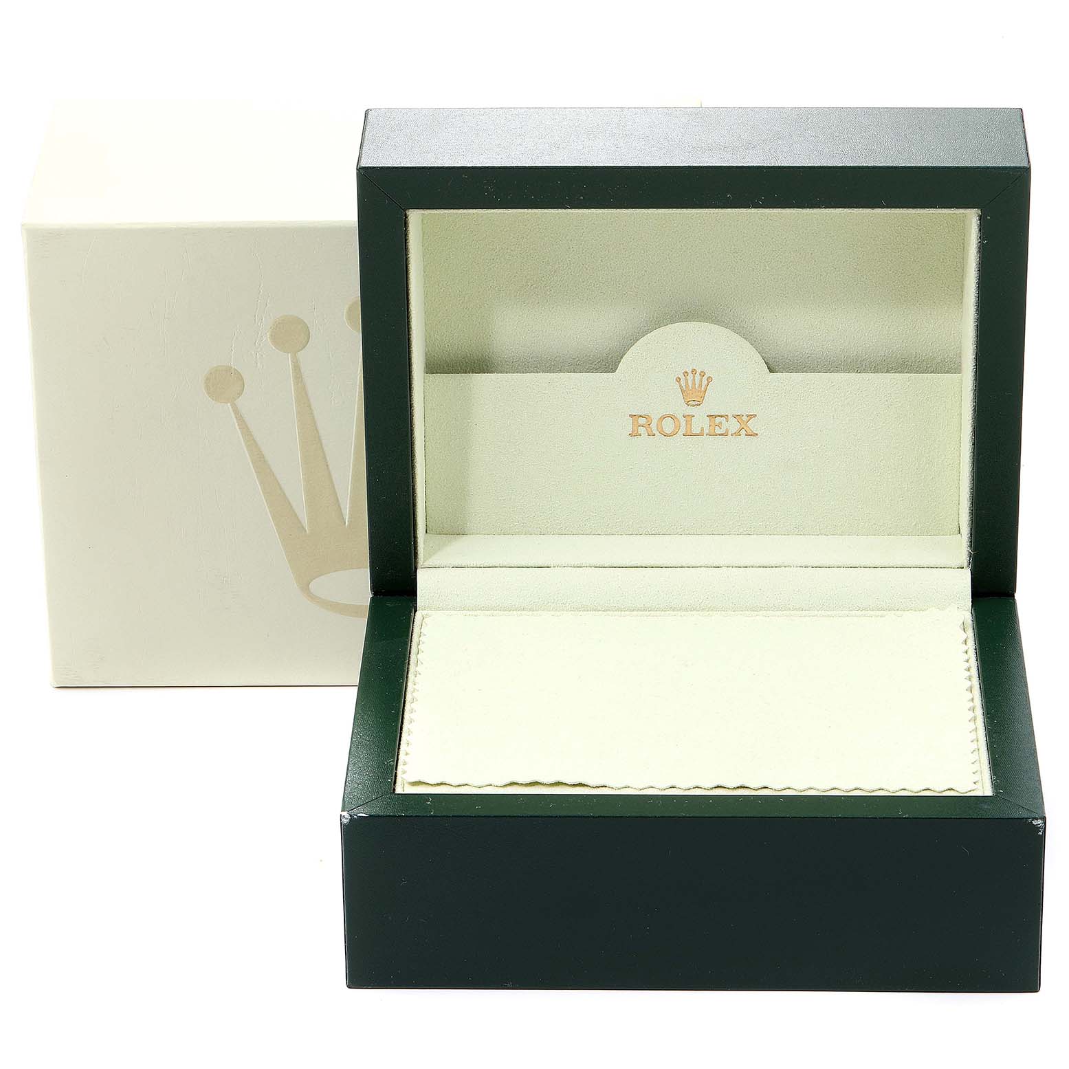 The image shows an empty Rolex Submariner 16610 Men's Stainless Steel Black Dial 16610 Men's Stainless Steel Black Dial watch box and its exterior packaging from a front angle.