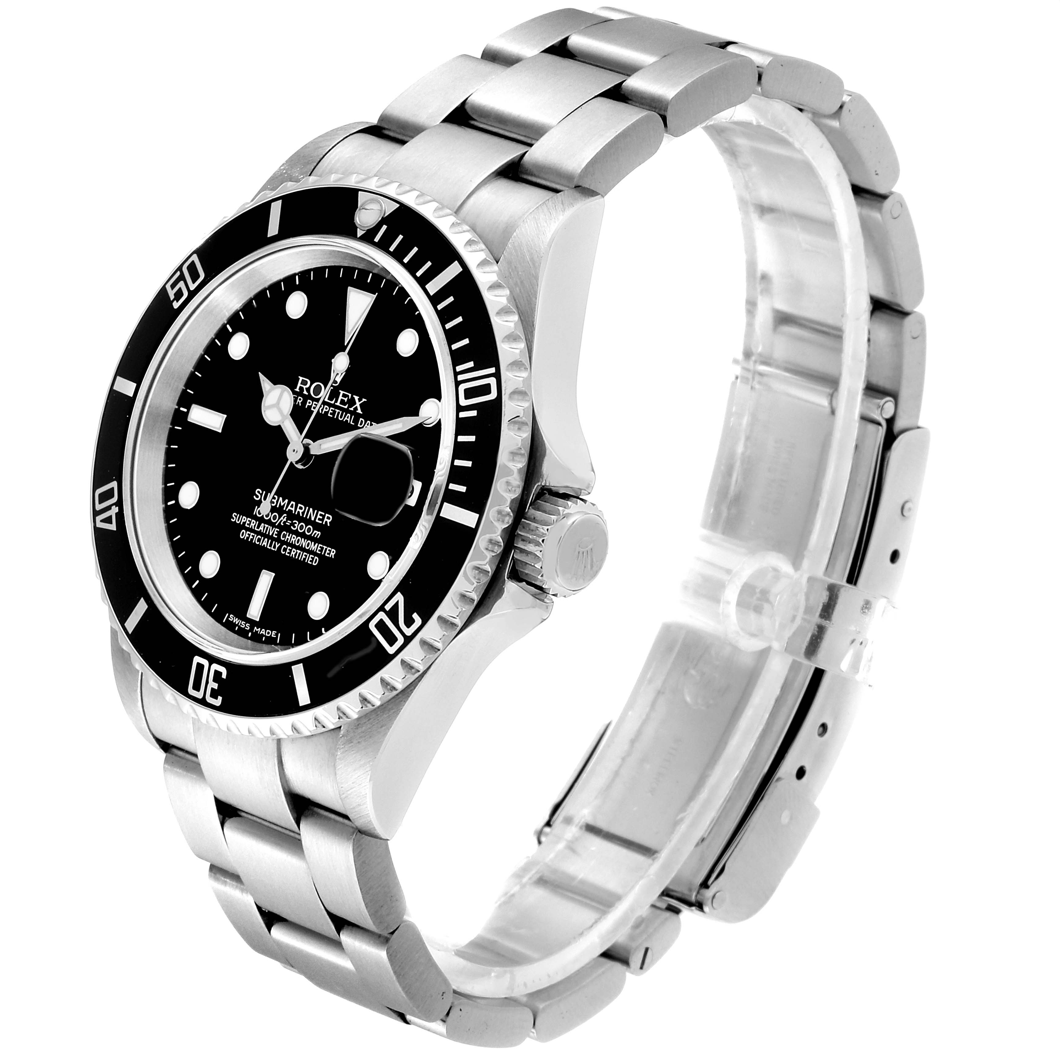 The Rolex Submariner 16610 Men's Stainless Steel Black Dial 16610 Men's Stainless Steel Black Dial watch is shown at an angled view highlighting its face, bezel, crown, and bracelet.