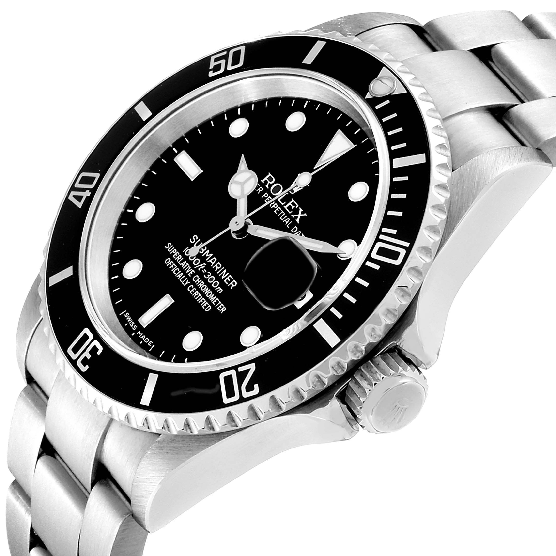 The image shows an angled view of the Rolex Submariner 16610 Men's Stainless Steel Black Dial 16610 Men's Stainless Steel Black Dial watch, displaying its face, bezel, and part of the bracelet.