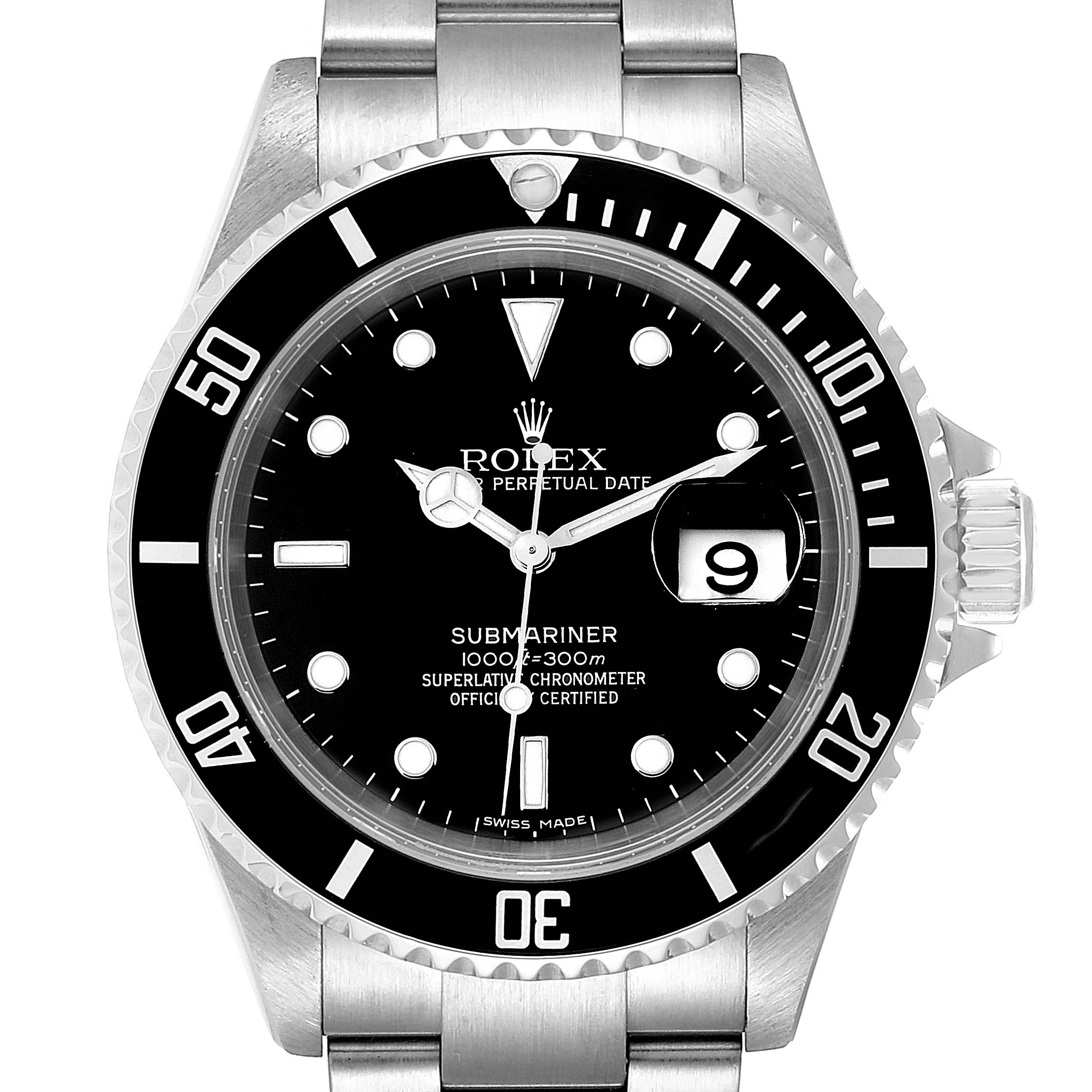 The image shows a front view of a Rolex Submariner 16610 Men's Stainless Steel Black Dial 16610 Men's Stainless Steel Black Dial watch, capturing the dial, bezel, crown, and part of the bracelet.
