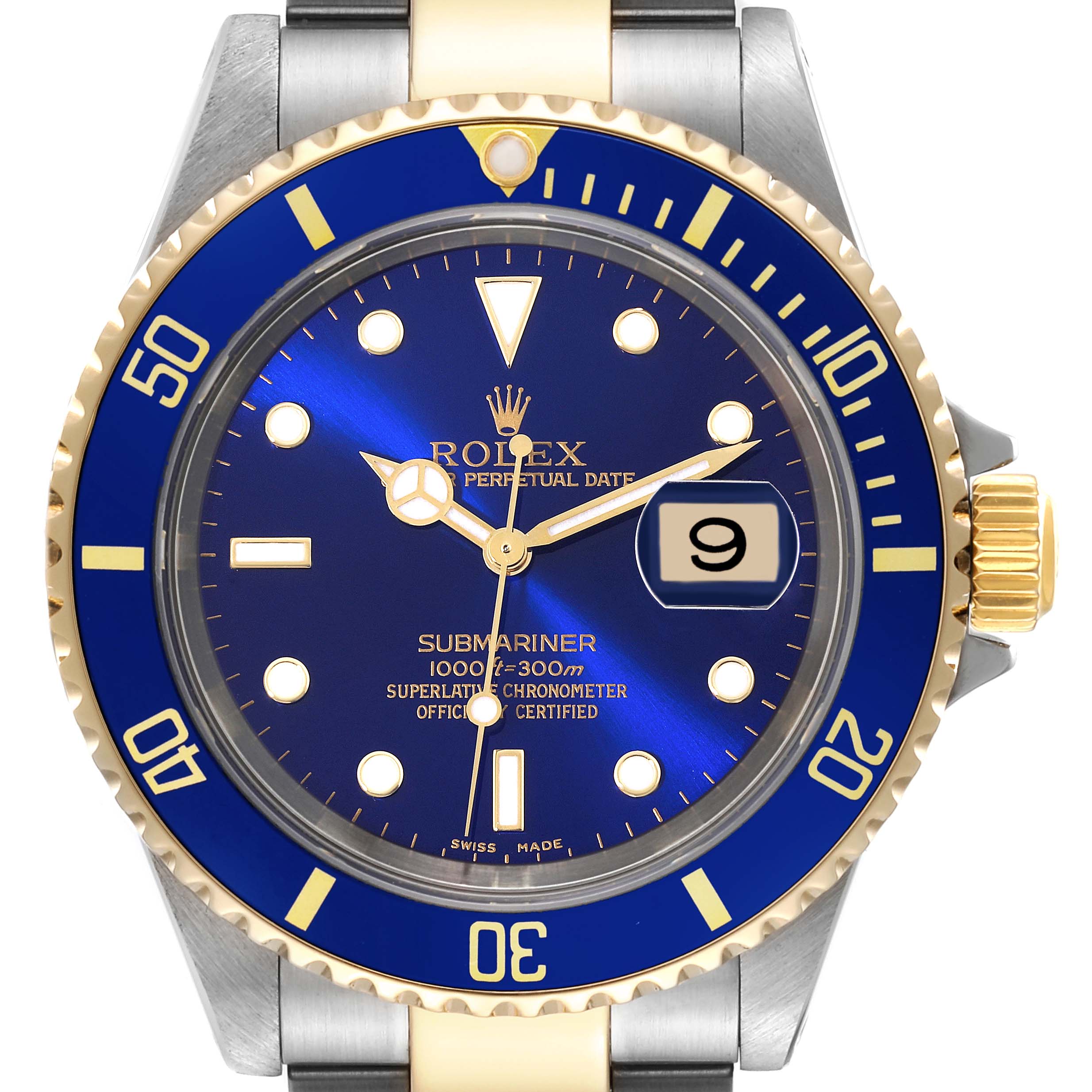 The image shows a front view of the Rolex Submariner 16613 Men's Steel and Gold (two tone) Blue Dial 16613 Men's Steel and Gold (two tone) Blue Dial watch, highlighting the blue dial, gold accents, date window, and bezel.