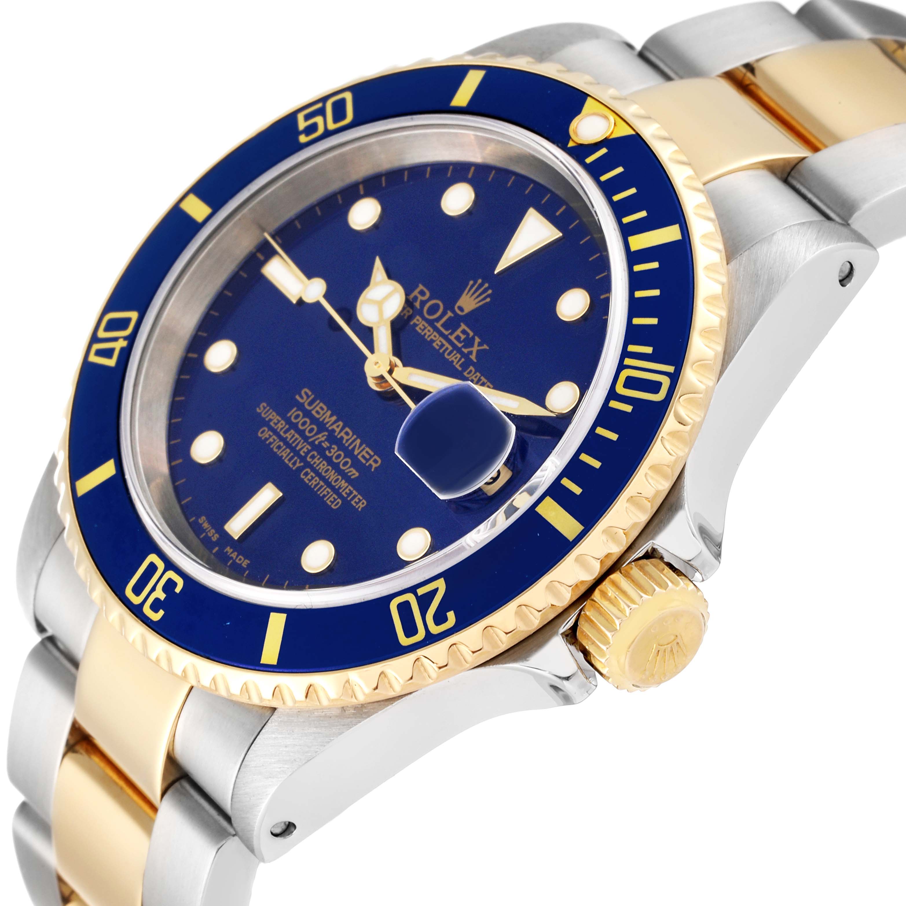 The image shows a close-up angled view of a Rolex Submariner 16613 Men's Steel and Gold (two tone) Blue Dial 16613 Men's Steel and Gold (two tone) Blue Dial watch, highlighting the face, bezel, crown, and part of the bracelet.