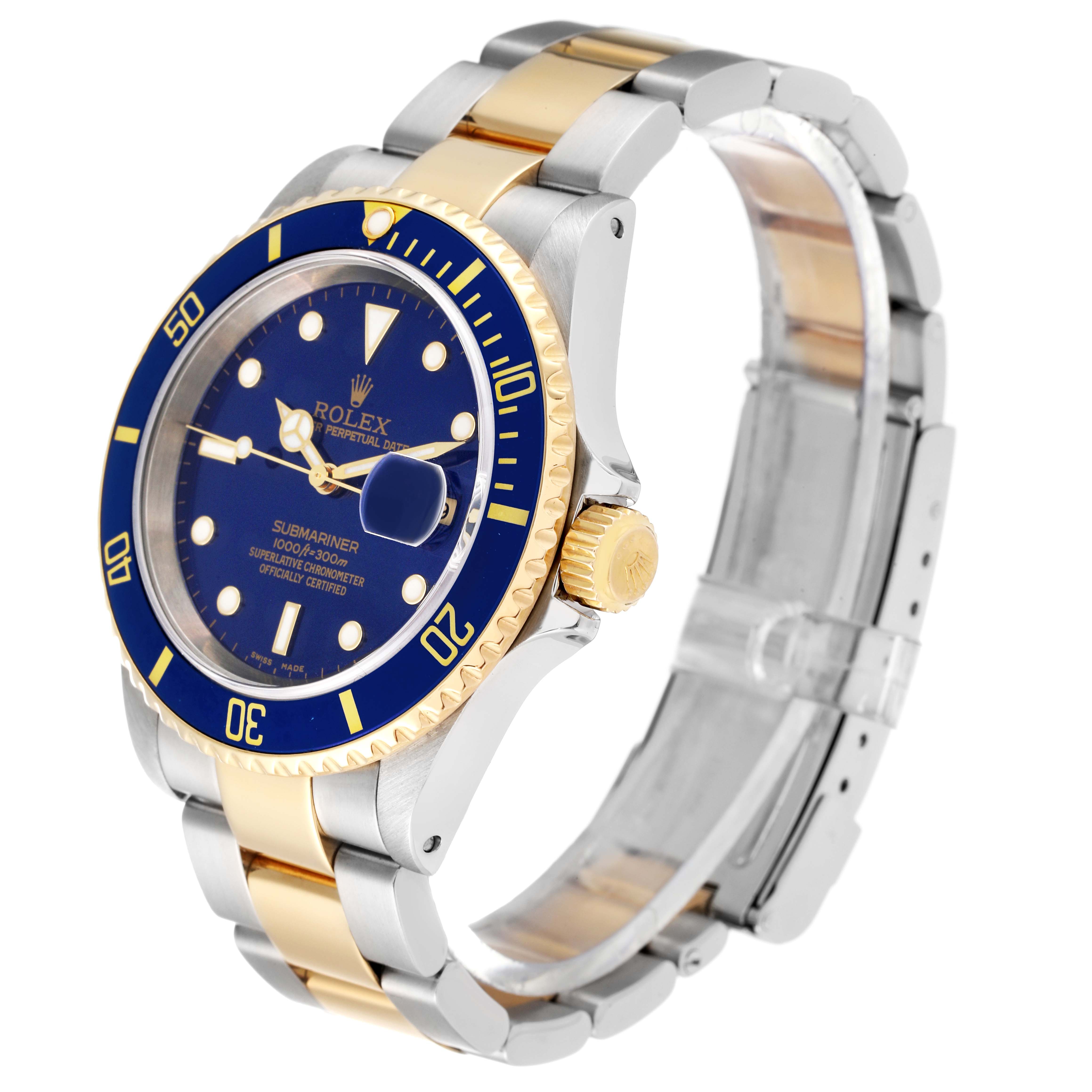 The image shows a Rolex Submariner 16613 Men's Steel and Gold (two tone) Blue Dial 16613 Men's Steel and Gold (two tone) Blue Dial watch at an angle displaying its face, bezel, crown, and bracelet.