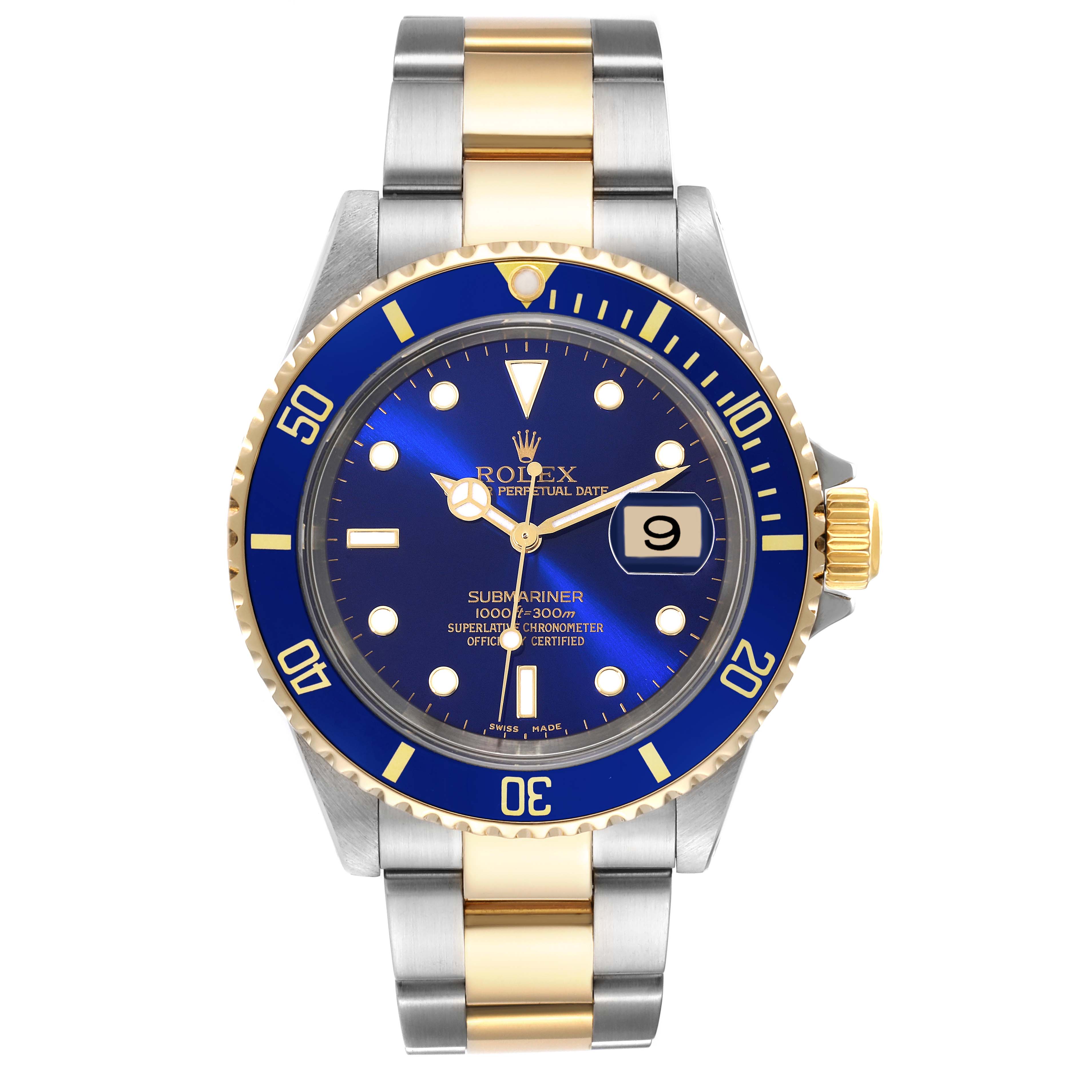 This image shows a front view of the Rolex Submariner 16613 Men's Steel and Gold (two tone) Blue Dial 16613 Men's Steel and Gold (two tone) Blue Dial watch, highlighting its blue dial, bezel, and two-tone metal bracelet.