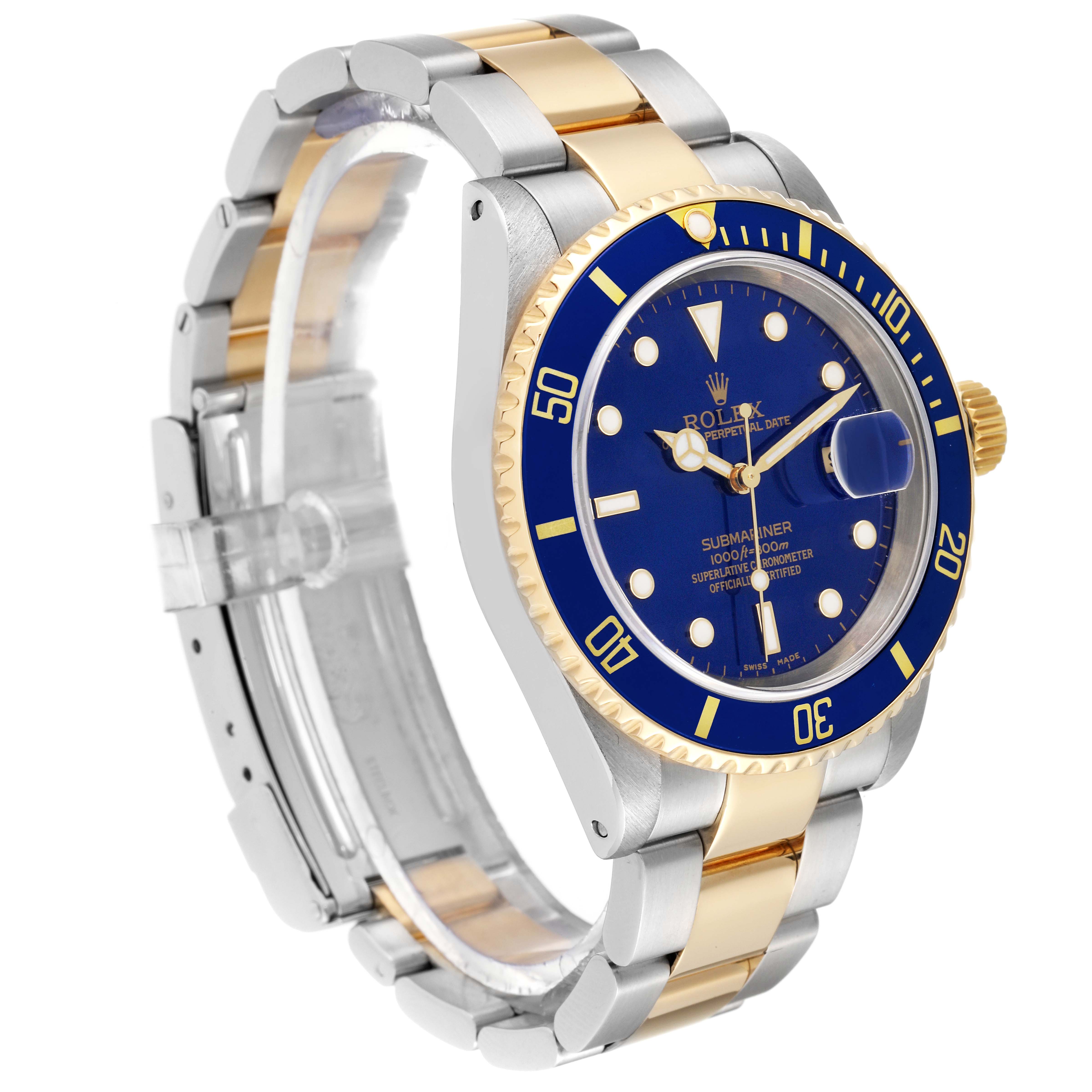 This Rolex Submariner 16613 Men's Steel and Gold (two tone) Blue Dial 16613 Men's Steel and Gold (two tone) Blue Dial watch is shown at a slight angle, highlighting its face, bezel, and two-tone bracelet.