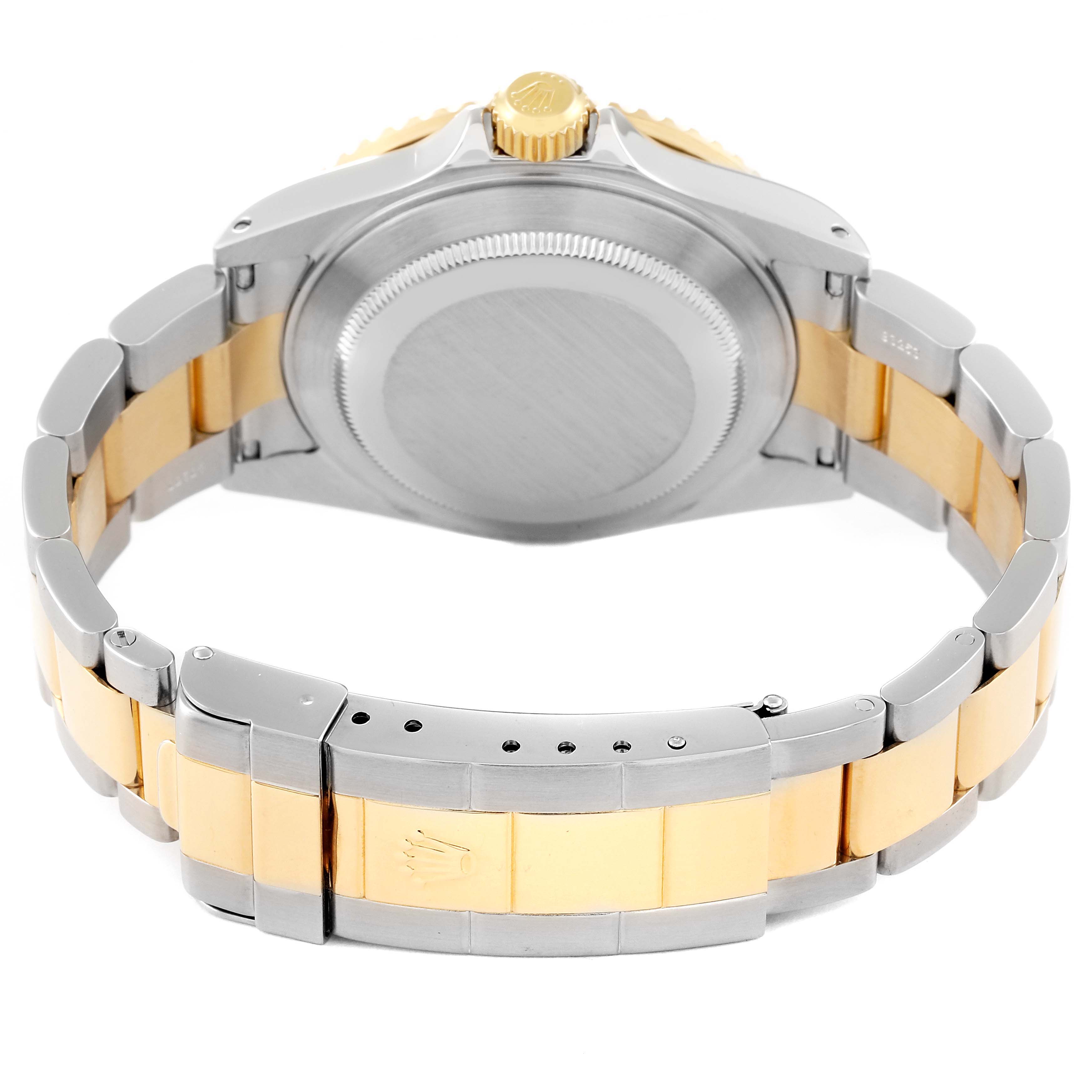 A Rolex Submariner 16613 Men's Steel and Gold (two tone) Blue Dial 16613 Men's Steel and Gold (two tone) Blue Dial watch is shown from the back, highlighting its case back, crown, and two-tone bracelet.