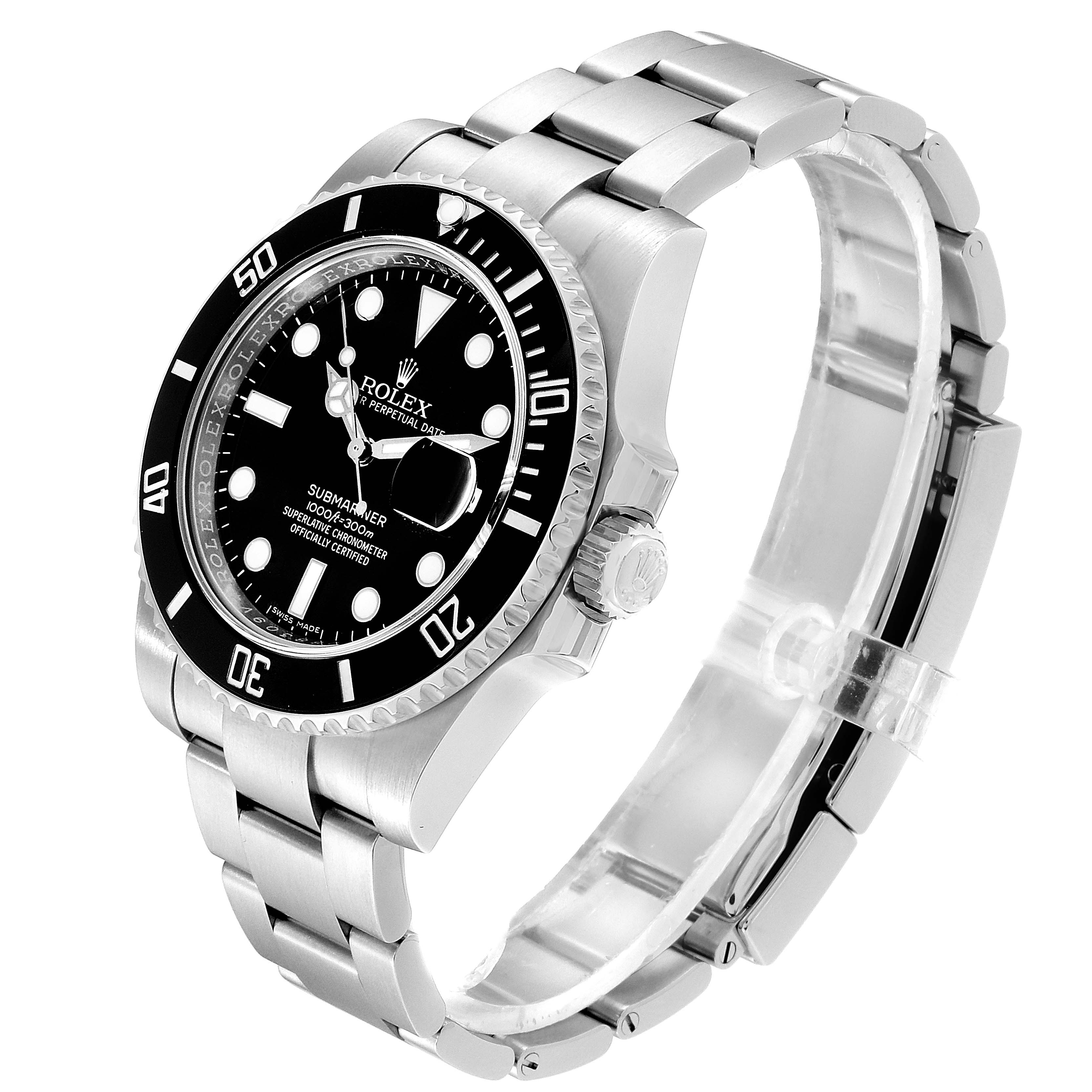 This image shows a Rolex Submariner 116610 Men's Stainless Steel Black Dial 116610 Men's Stainless Steel Black Dial watch with a black dial and bezel, silver stainless steel bracelet, viewed from an angled side perspective.