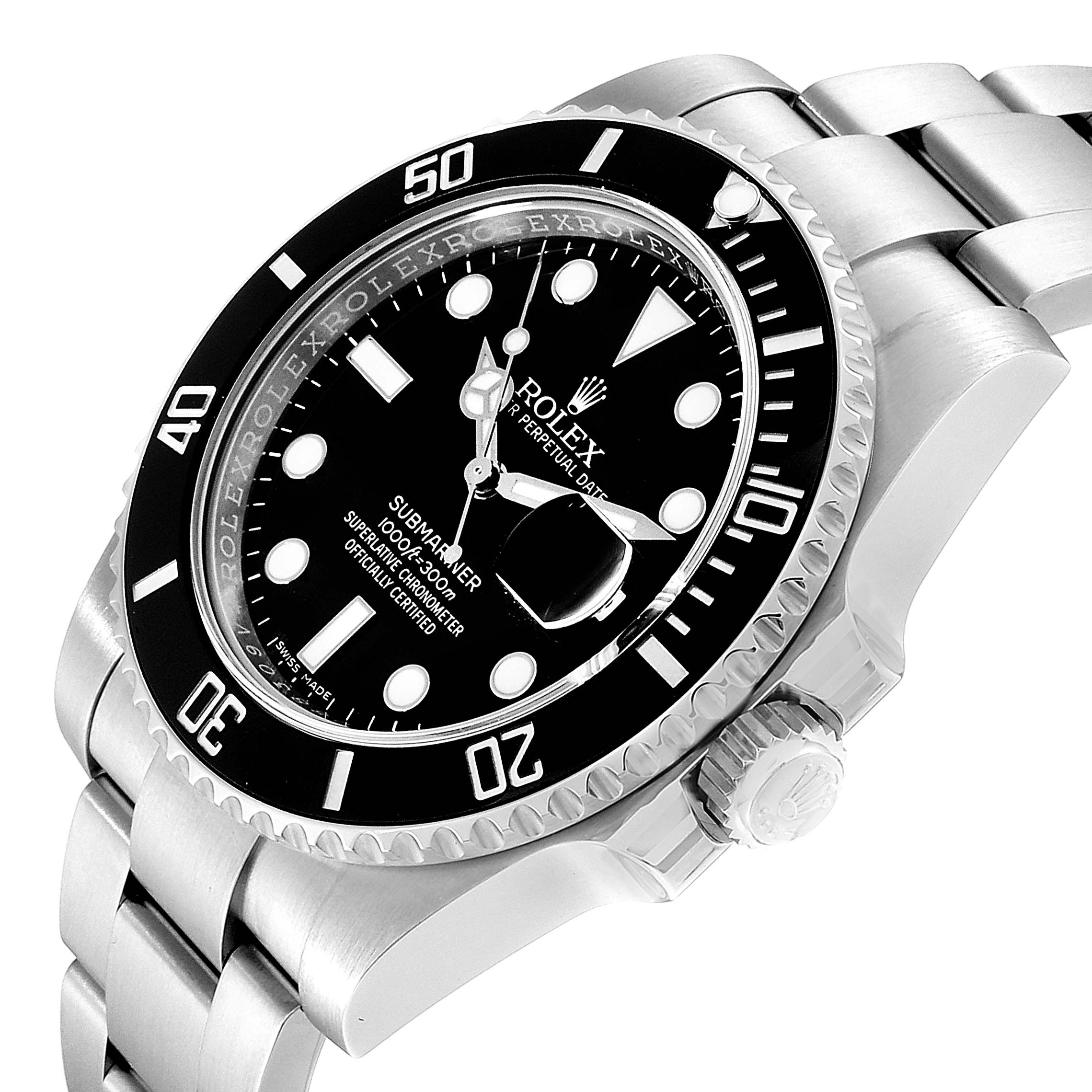 This image shows a Rolex Submariner 116610 Men's Stainless Steel Black Dial 116610 Men's Stainless Steel Black Dial watch at an angle, highlighting the face, bezel, and part of the bracelet.