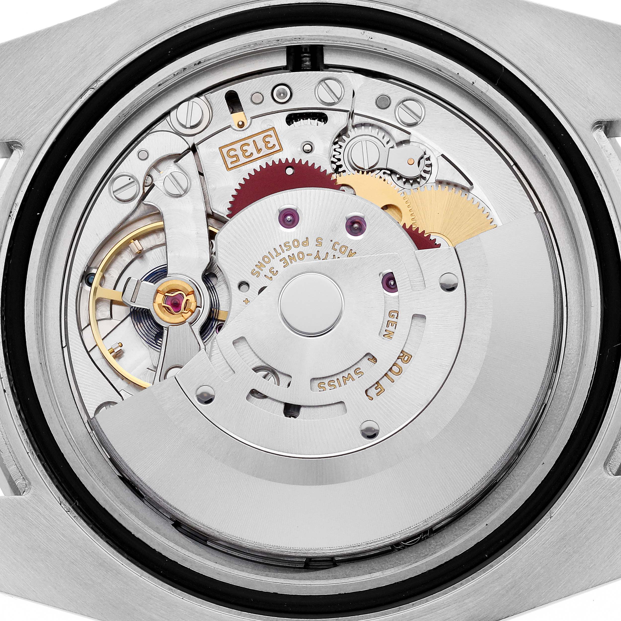 The image shows the movement mechanism of a Rolex Submariner 116610LN Men's Stainless Steel Black Dial 116610LN Men's Stainless Steel Black Dial watch from the back.
