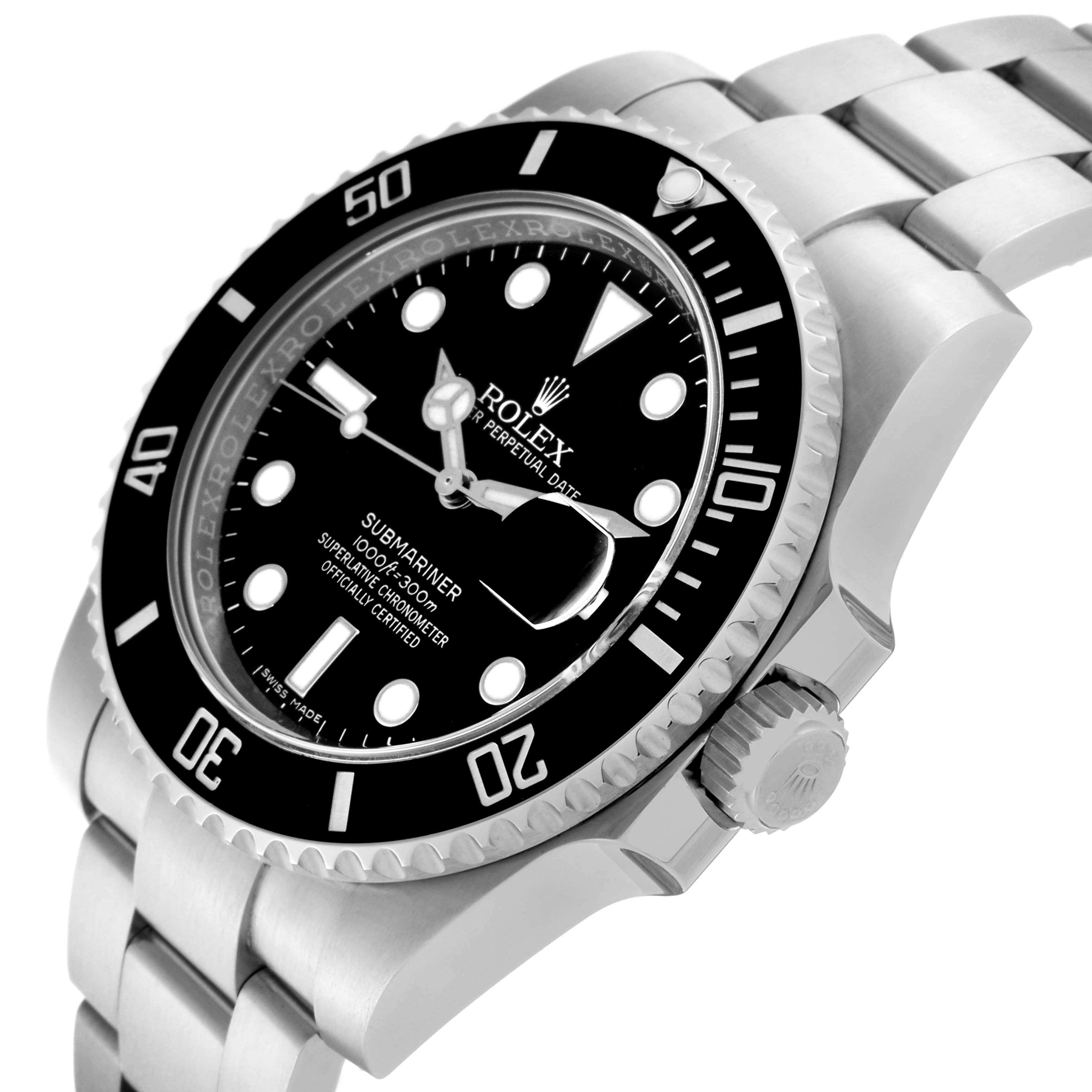 The Rolex Submariner 116610LN Men's Stainless Steel Black Dial 116610LN Men's Stainless Steel Black Dial watch is shown at a side angle, highlighting the bezel, dial, crown, and bracelet.