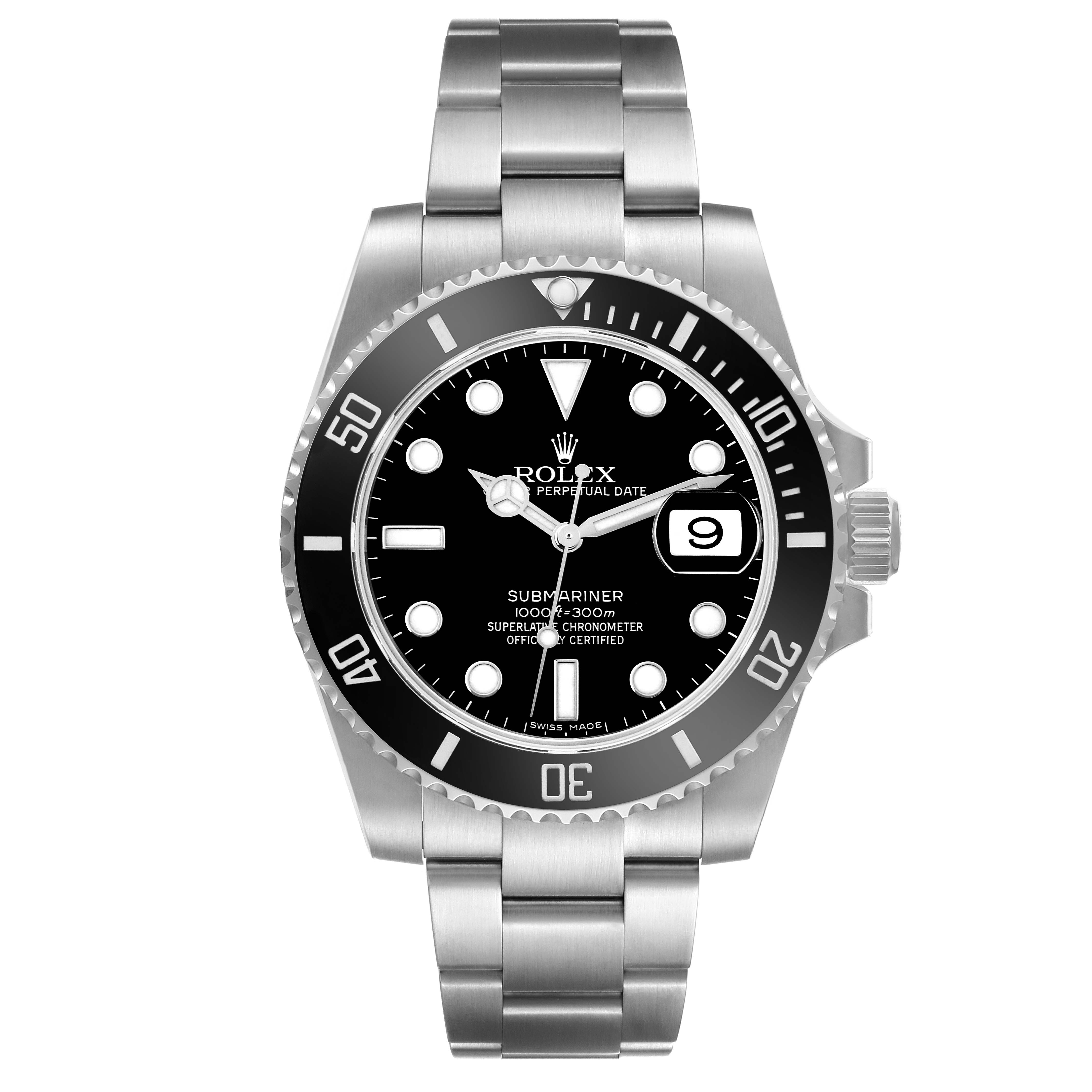 The Rolex Submariner 116610LN Men's Stainless Steel Black Dial 116610LN Men's Stainless Steel Black Dial watch is shown from the front, displaying its face, bezel, and part of the bracelet.