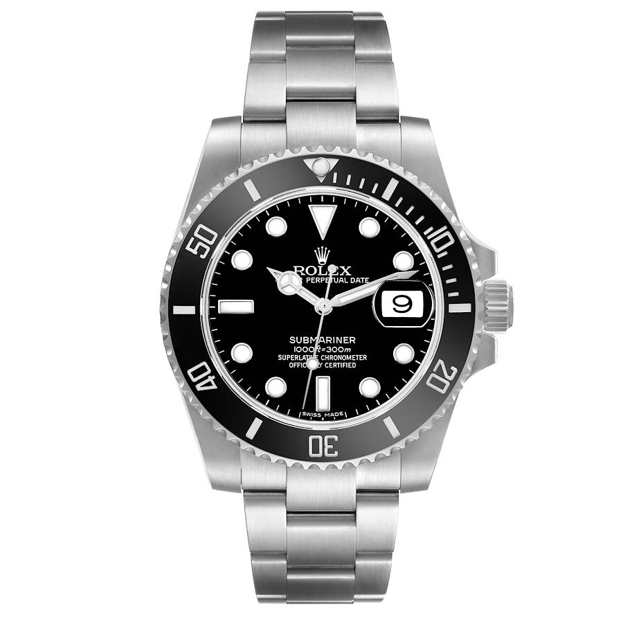 The Rolex Submariner watch is shown from the front, displaying its face, bezel, and part of the bracelet.