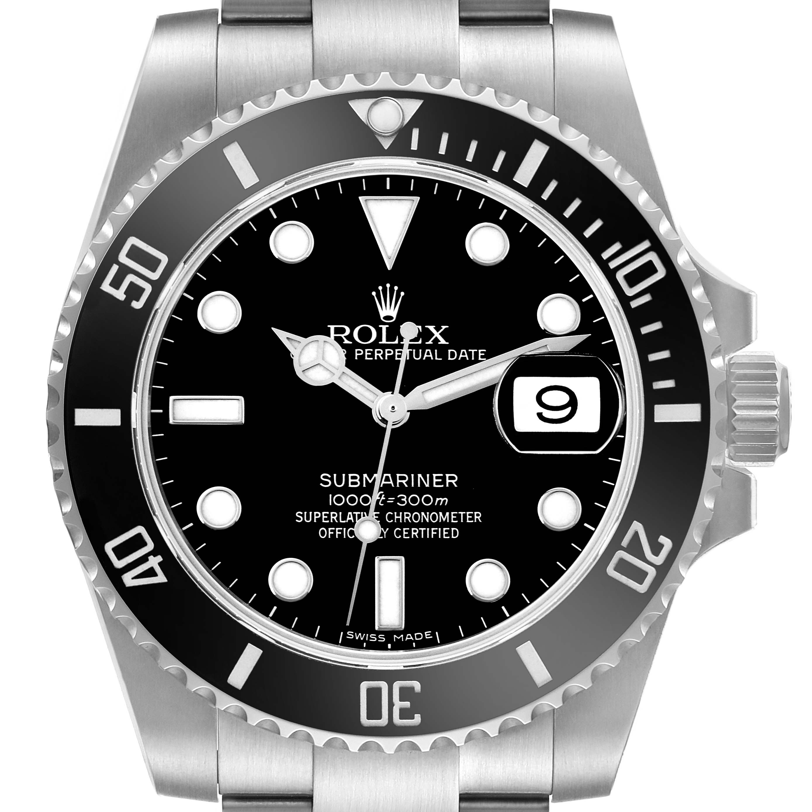 The image shows a front view of the Rolex Submariner 116610LN Men's Stainless Steel Black Dial 116610LN Men's Stainless Steel Black Dial watch, displaying the dial, bezel, and part of the bracelet.
