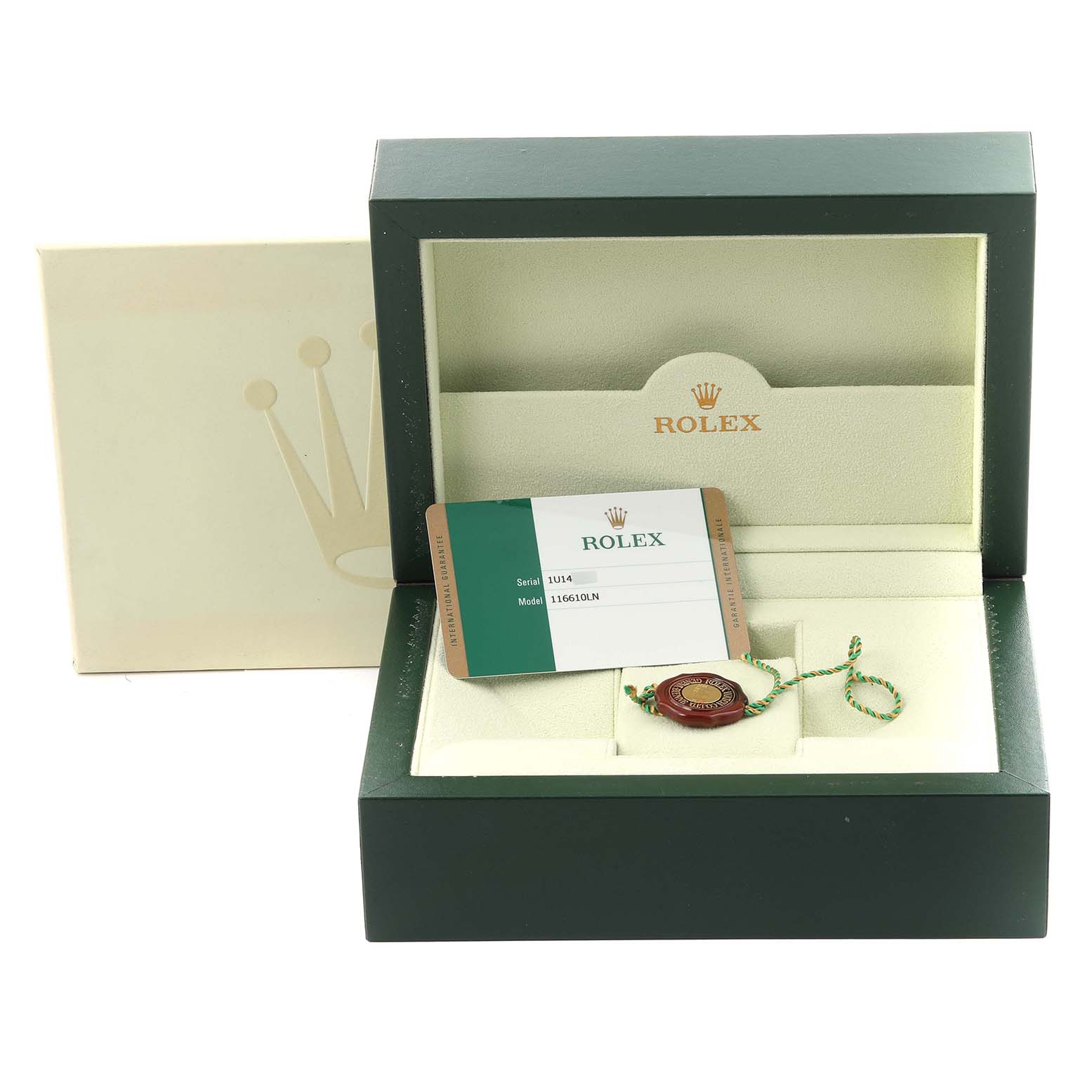 The image shows a Rolex Submariner 116610LN Men's Stainless Steel Black Dial 116610LN Men's Stainless Steel Black Dial box and accessories, including a warranty card and a tag, viewed from the front.