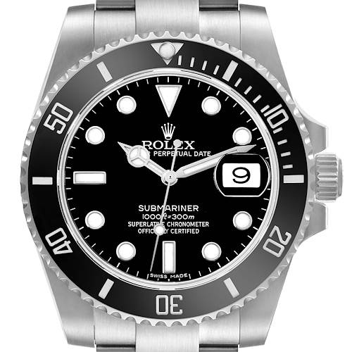 The Rolex Submariner watch is shown from the front, displaying the dial, bezel, crown, and part of the bracelet.