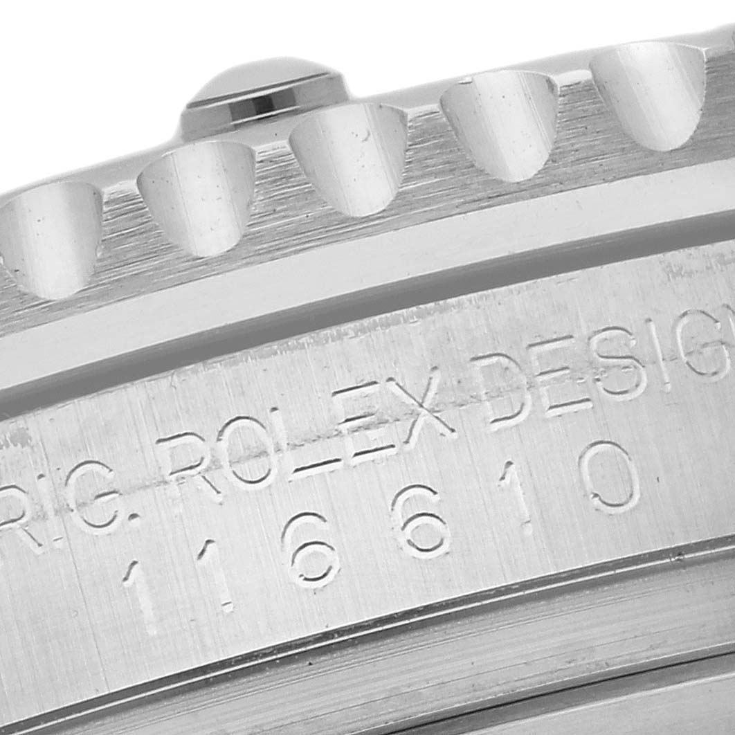 The image shows a close-up side view of the Rolex Submariner 116610LN Men's Stainless Steel Black Dial 116610LN Men's Stainless Steel Black Dial's engraved case, highlighting the model number.