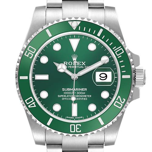 The Rolex Submariner 842LJ907 Men's Stainless Steel Green Dial watch is shown from the front, highlighting the green dial, bezel, and oyster bracelet.