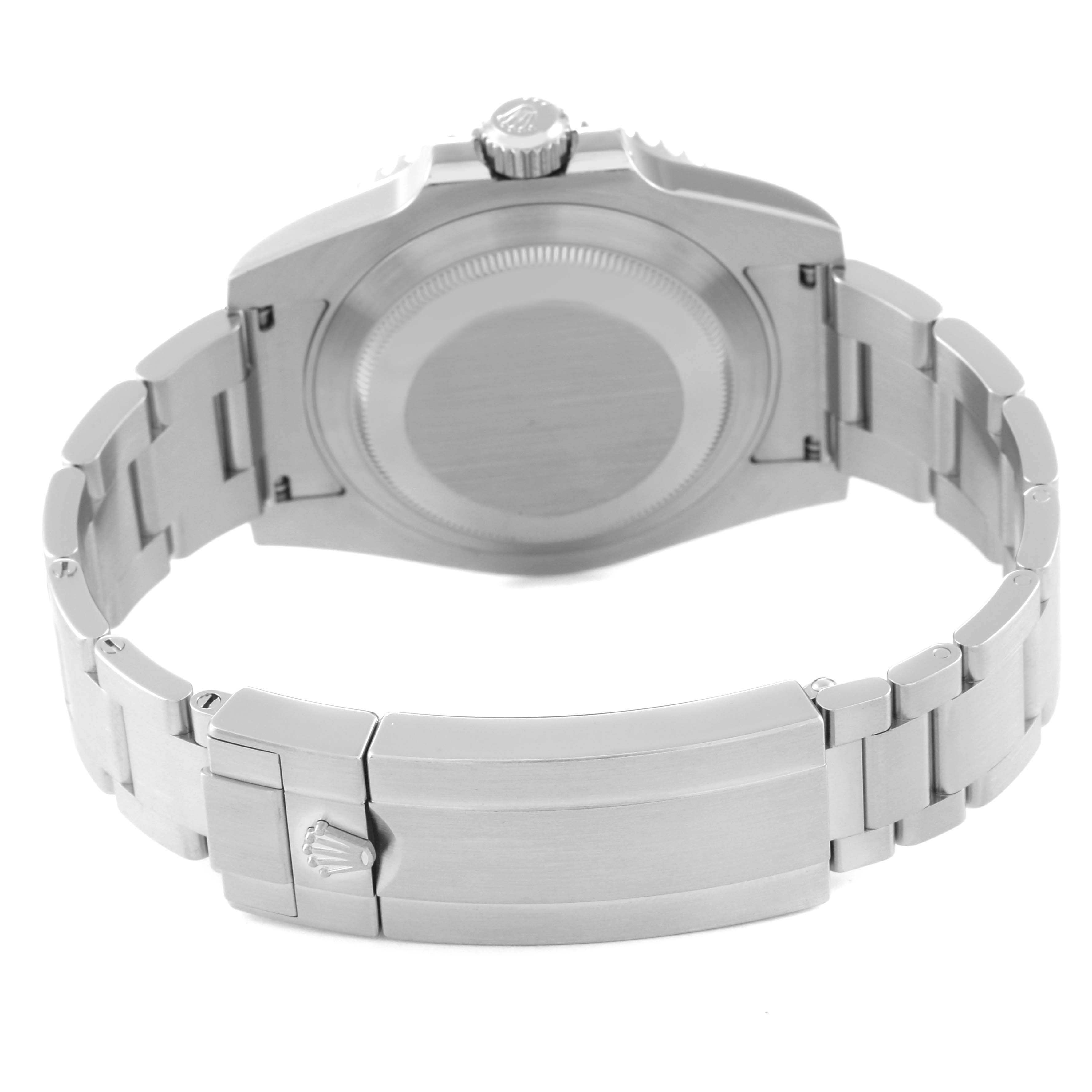 This image shows the back view of a Rolex Submariner 116610LV Men's Stainless Steel Green Dial 116610LV Men's Stainless Steel Green Dial watch, highlighting the closed stainless steel bracelet and clasp.