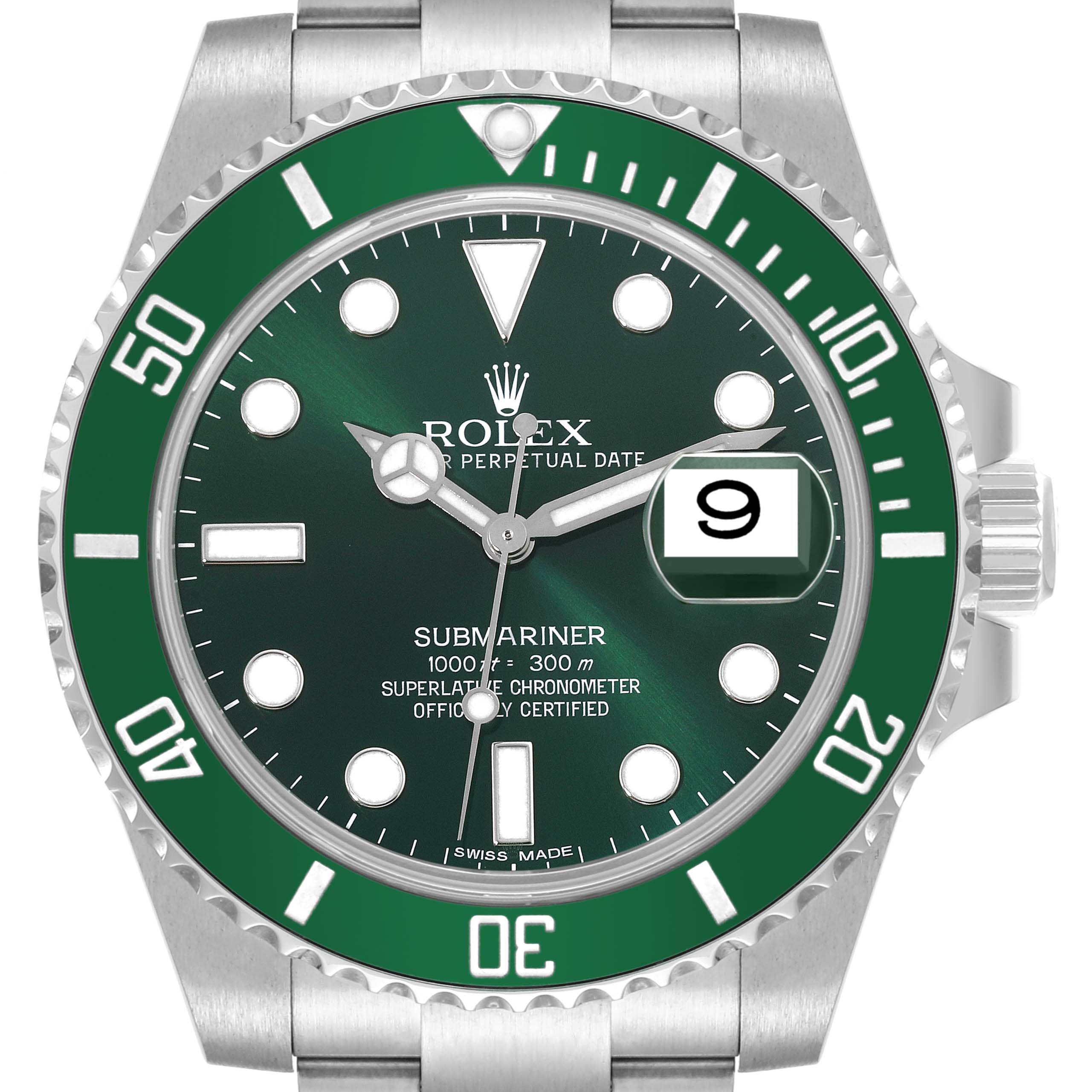 The Rolex Submariner 116610LV Men's Stainless Steel Green Dial 116610LV Men's Stainless Steel Green Dial watch is shown from the front, highlighting the green bezel, dial, hands, and date window.