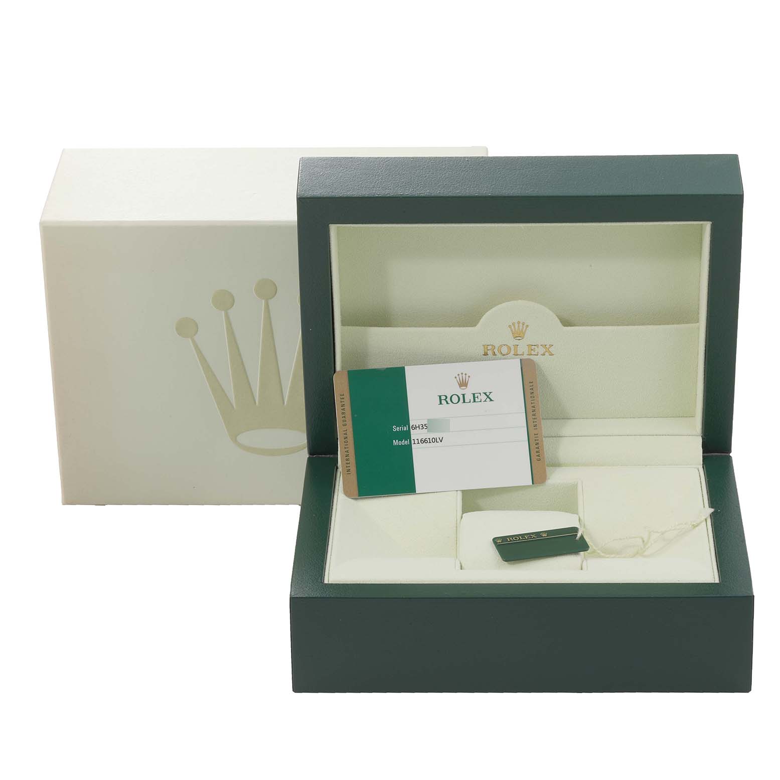 The image shows the packaging and certification card of a Rolex Submariner 116610LV Men's Stainless Steel Green Dial 116610LV Men's Stainless Steel Green Dial watch, with the box slightly open.