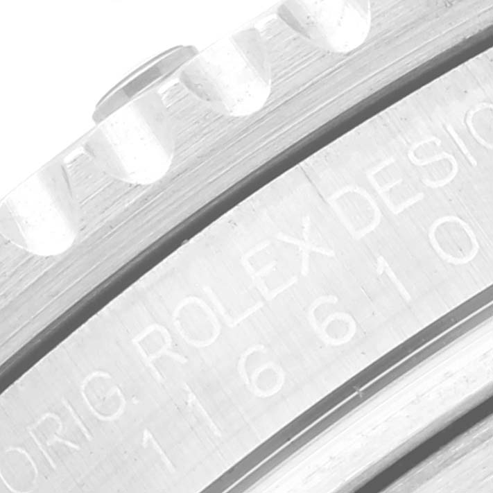 The image shows a close-up of a portion of the bezel and case side engraving of a Rolex Submariner 116610LV Men's Stainless Steel Green Dial 116610LV Men's Stainless Steel Green Dial watch, featuring the model number.