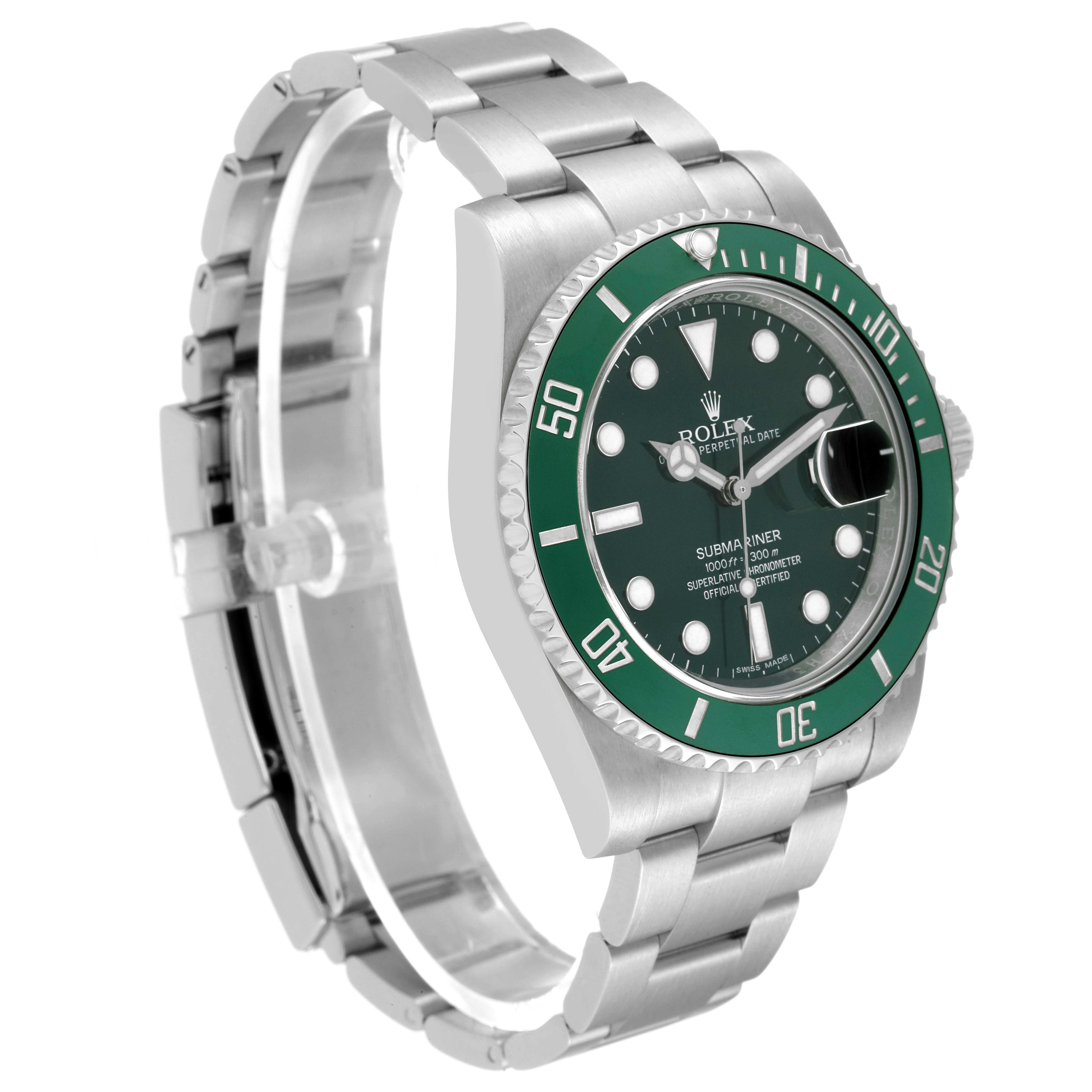 The image shows a Rolex Submariner 116610LV Men's Stainless Steel Green Dial 116610LV Men's Stainless Steel Green Dial watch at an oblique angle, featuring the green bezel, dial, case, crown, and stainless steel bracelet.
