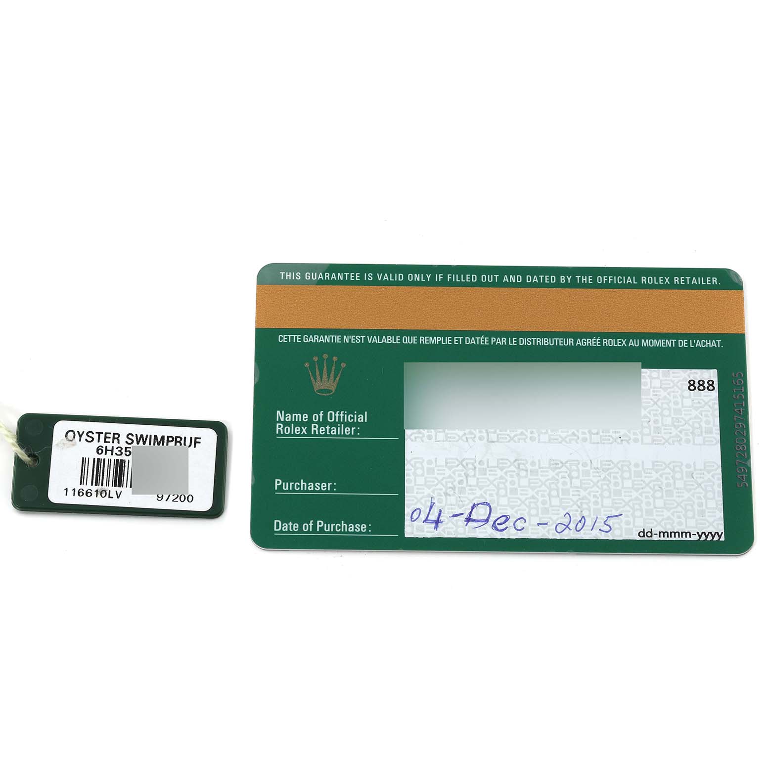 The image shows a hang tag and a warranty card for a Rolex Submariner 116610LV Men's Stainless Steel Green Dial 116610LV Men's Stainless Steel Green Dial watch.