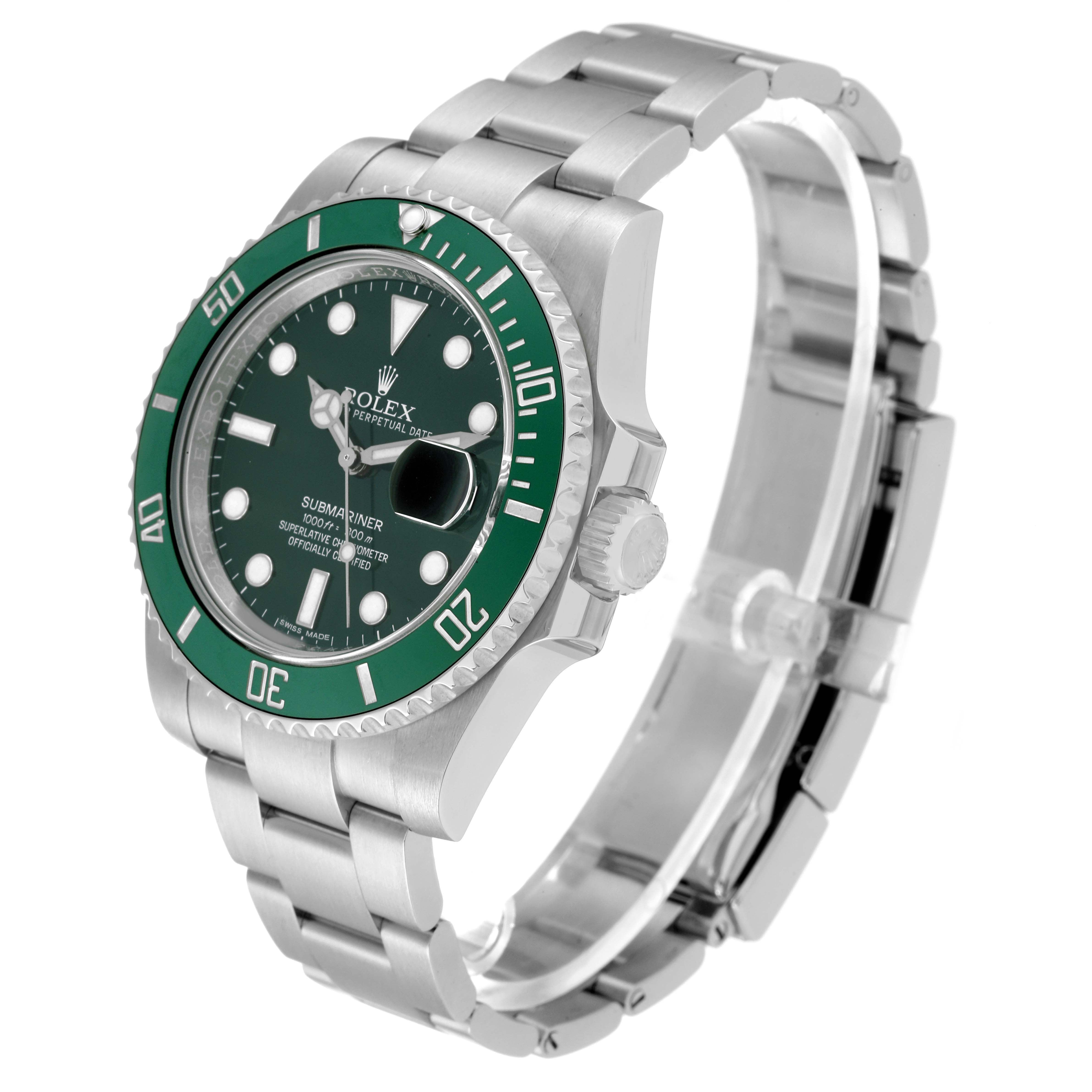 The image shows a side view of the Rolex Submariner 116610LV Men's Stainless Steel Green Dial 116610LV Men's Stainless Steel Green Dial, highlighting the bezel, dial, case, and bracelet.
