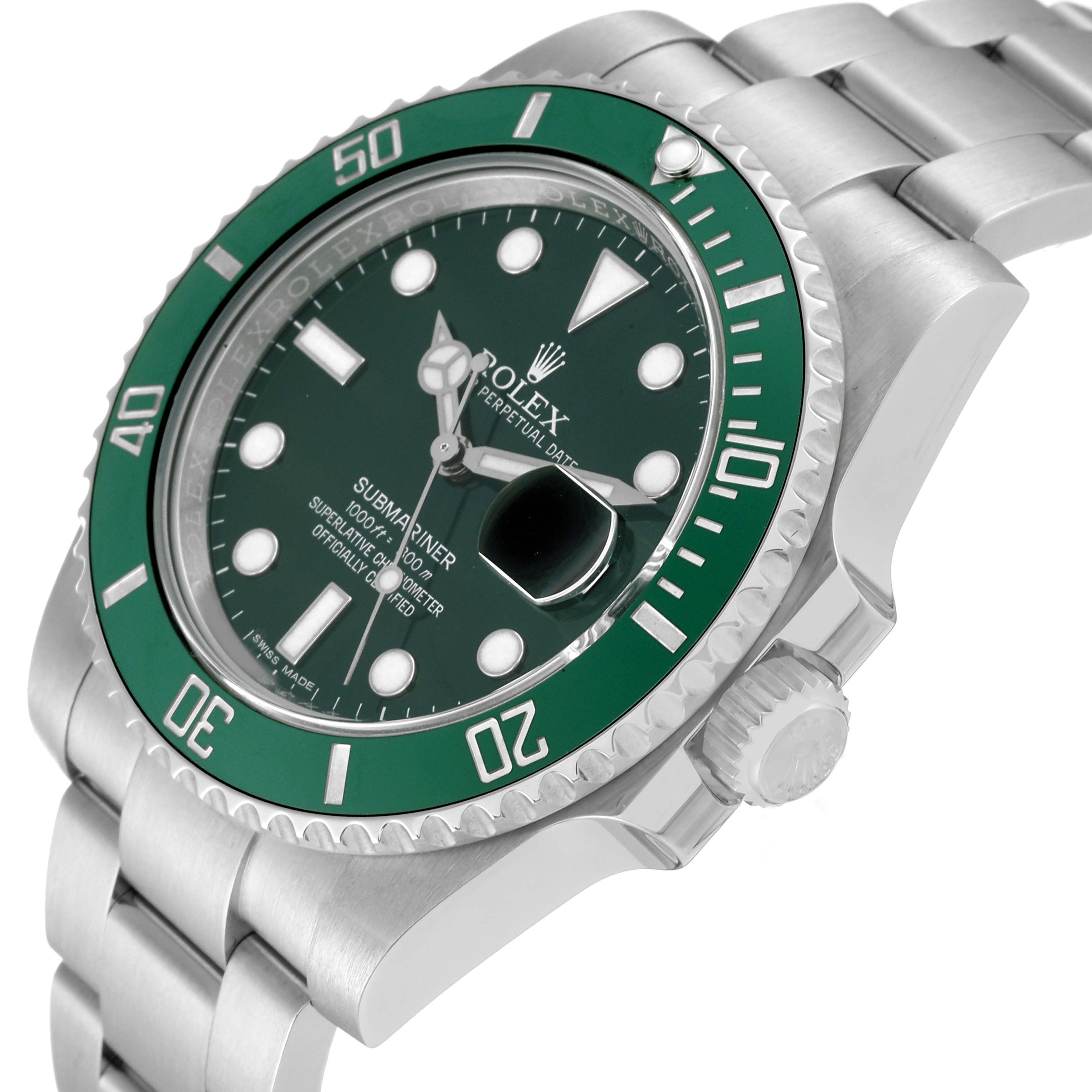 The image shows a side angle of the Rolex Submariner 116610LV Men's Stainless Steel Green Dial 116610LV Men's Stainless Steel Green Dial watch, highlighting the green bezel, dial, and steel bracelet.
