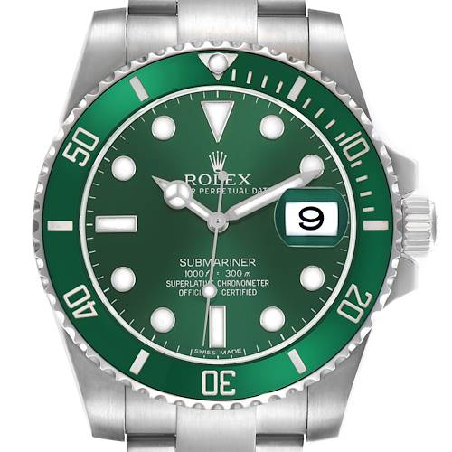 The image shows a front view of the Rolex Submariner 116610LV Men's Stainless Steel Green Dial watch, highlighting its green bezel and dial, with a date window magnified.