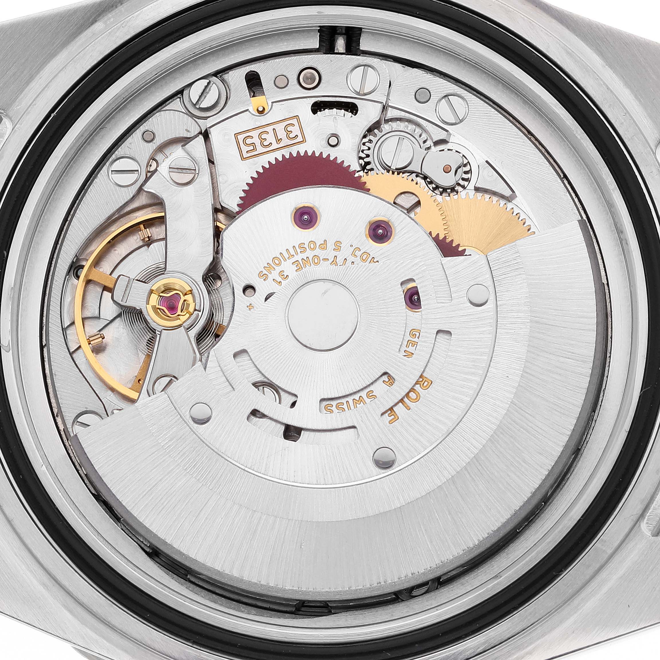 This image shows the internal mechanism of a Rolex Submariner 16613 Men's Steel and Gold (two tone) Black Dial 16613 Men's Steel and Gold (two tone) Black Dial watch, viewed from the back.