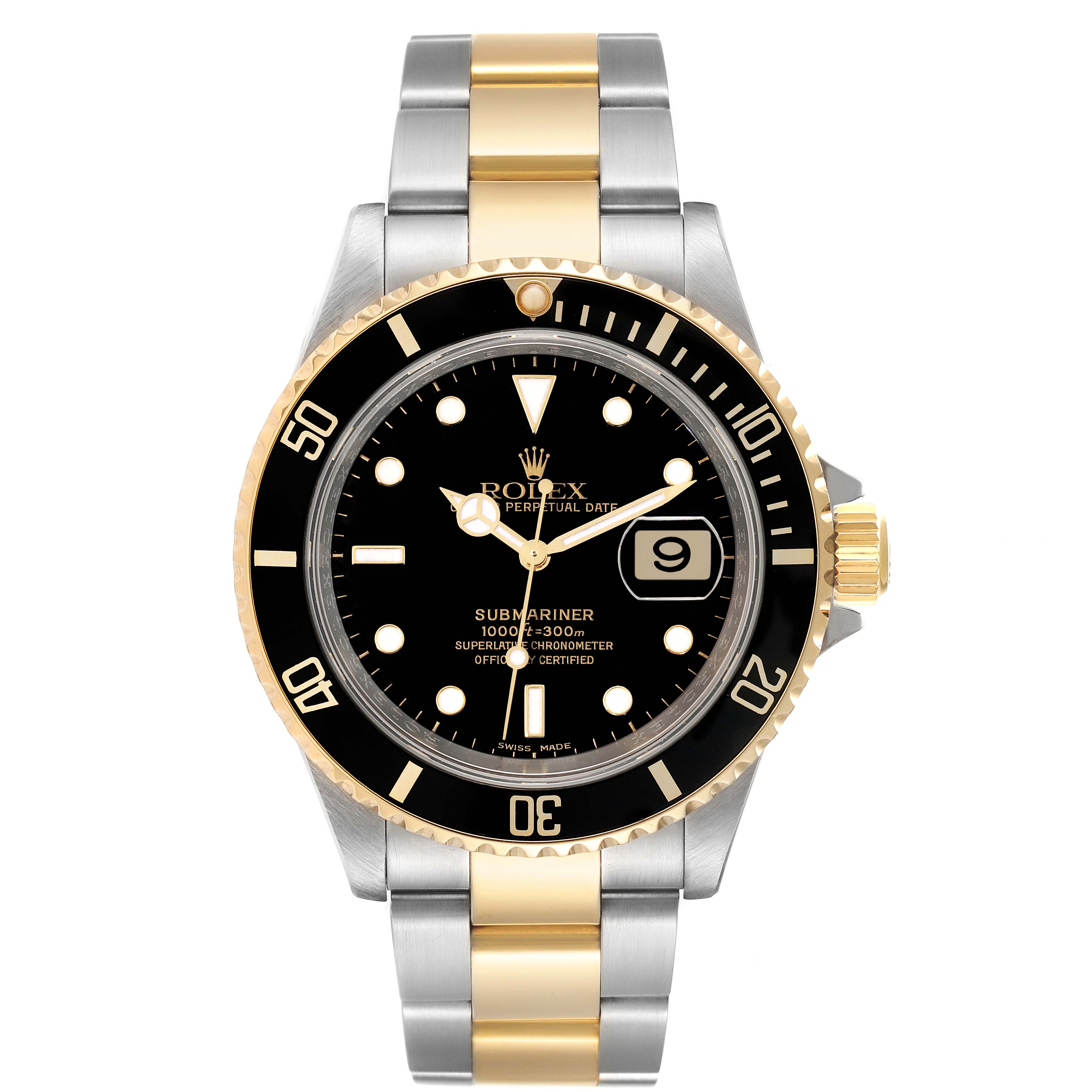 The image shows a front view of a Rolex Submariner 16613 Men's Steel and Gold (two tone) Black Dial 16613 Men's Steel and Gold (two tone) Black Dial watch, featuring a black dial, date window, and a two-tone metal bracelet.