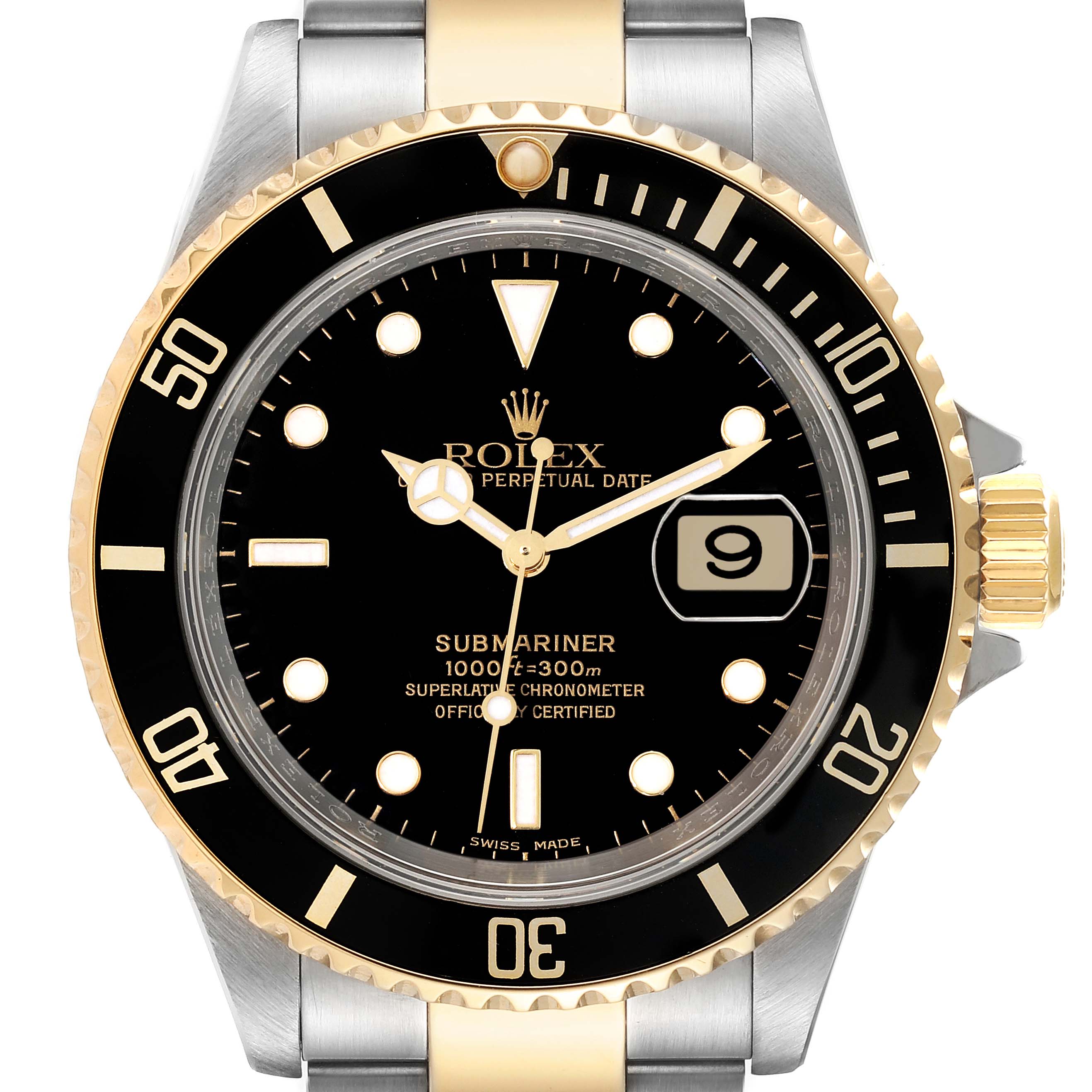 The image shows a front view of a Rolex Submariner 16613 Men's Steel and Gold (two tone) Black Dial 16613 Men's Steel and Gold (two tone) Black Dial watch, highlighting the dial, bezel, hands, date window, and part of the strap.