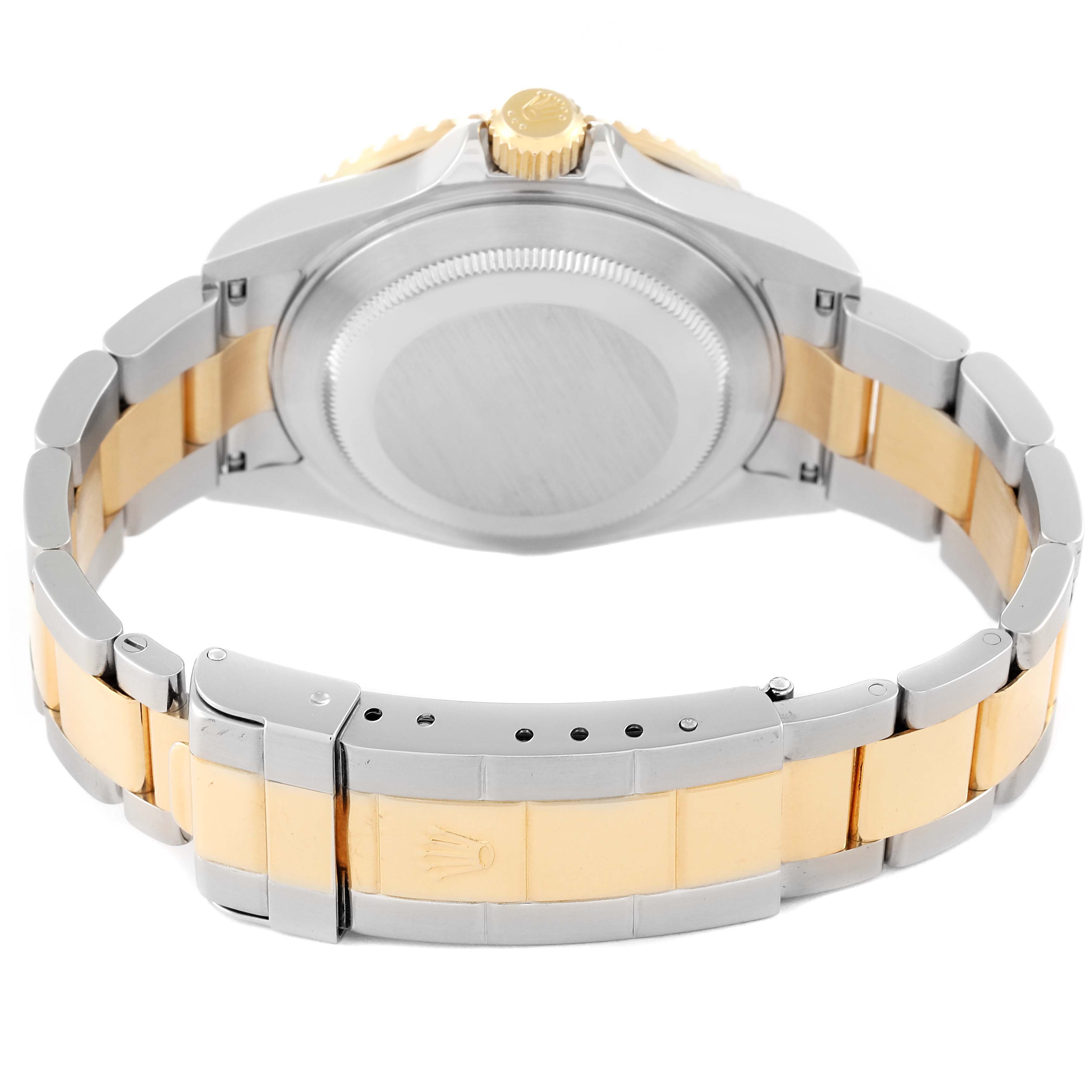 This image shows the back of the case and bracelet of a Rolex Submariner 16613 Men's Steel and Gold (two tone) Black Dial 16613 Men's Steel and Gold (two tone) Black Dial watch.