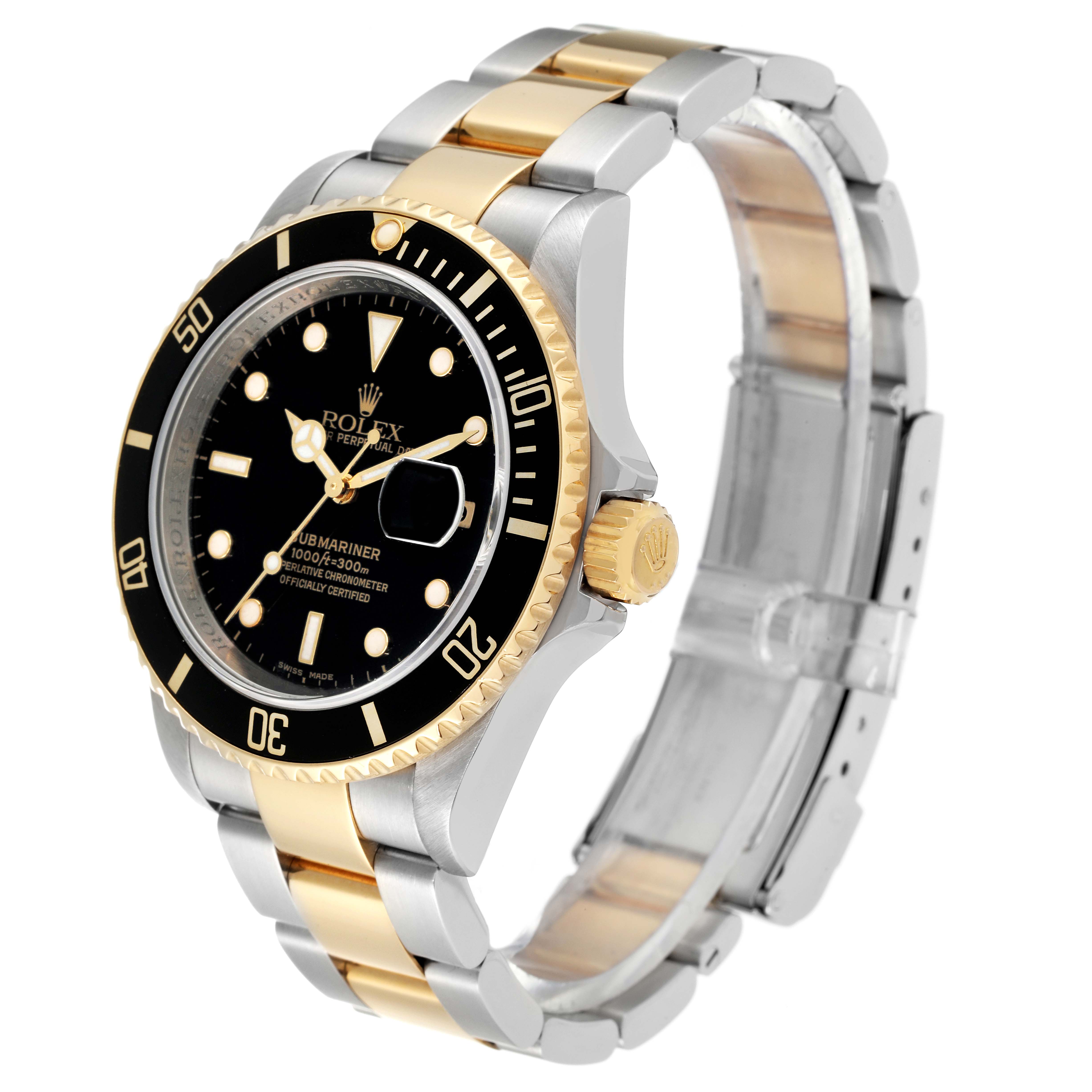 The Rolex Submariner 16613 Men's Steel and Gold (two tone) Black Dial 16613 Men's Steel and Gold (two tone) Black Dial watch is shown at an angled side view, highlighting its black dial, gold bezel, and two-tone bracelet.