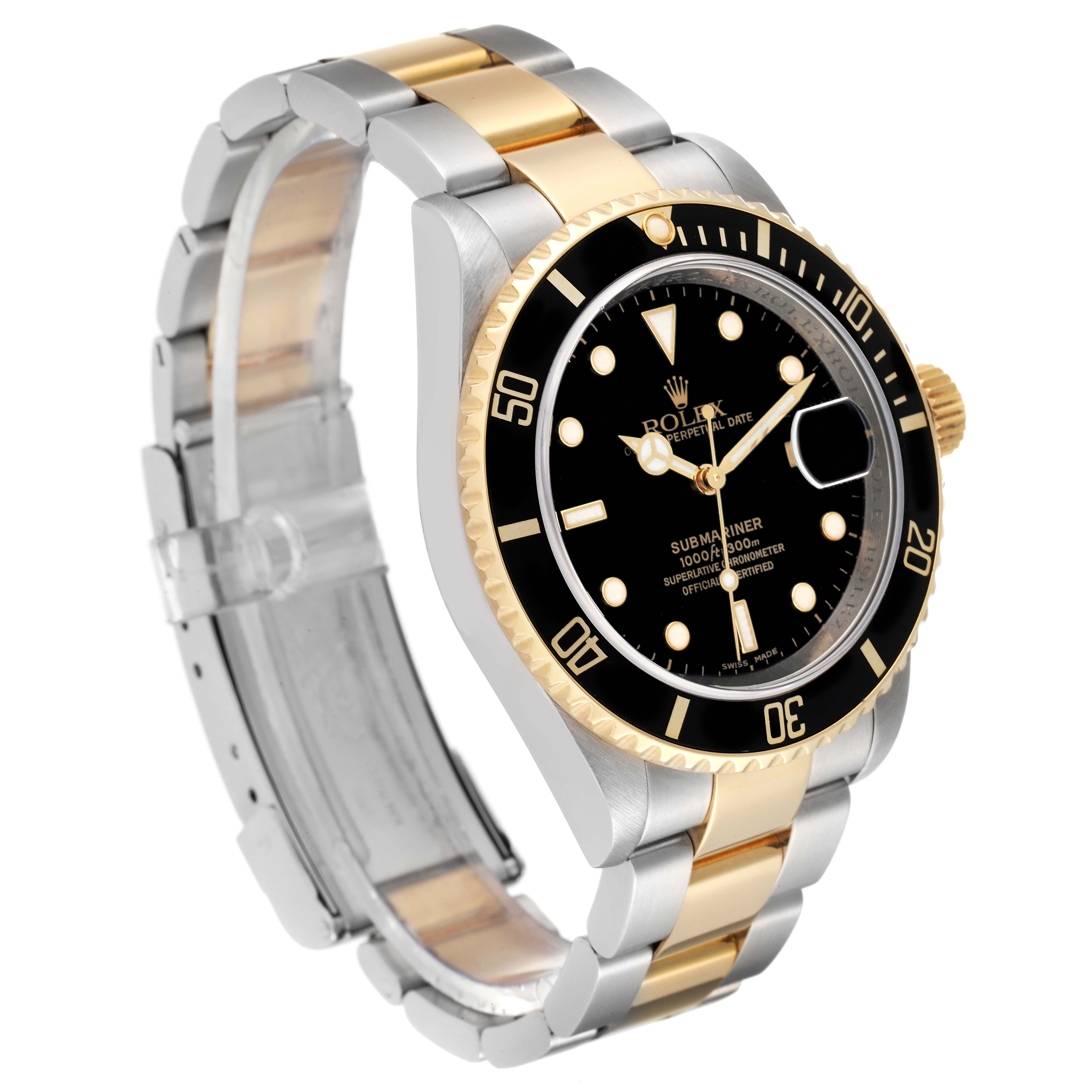The image shows a Rolex Submariner 16613 Men's Steel and Gold (two tone) Black Dial 16613 Men's Steel and Gold (two tone) Black Dial watch at a three-quarter angle, highlighting the black dial, bezel, and two-tone band.