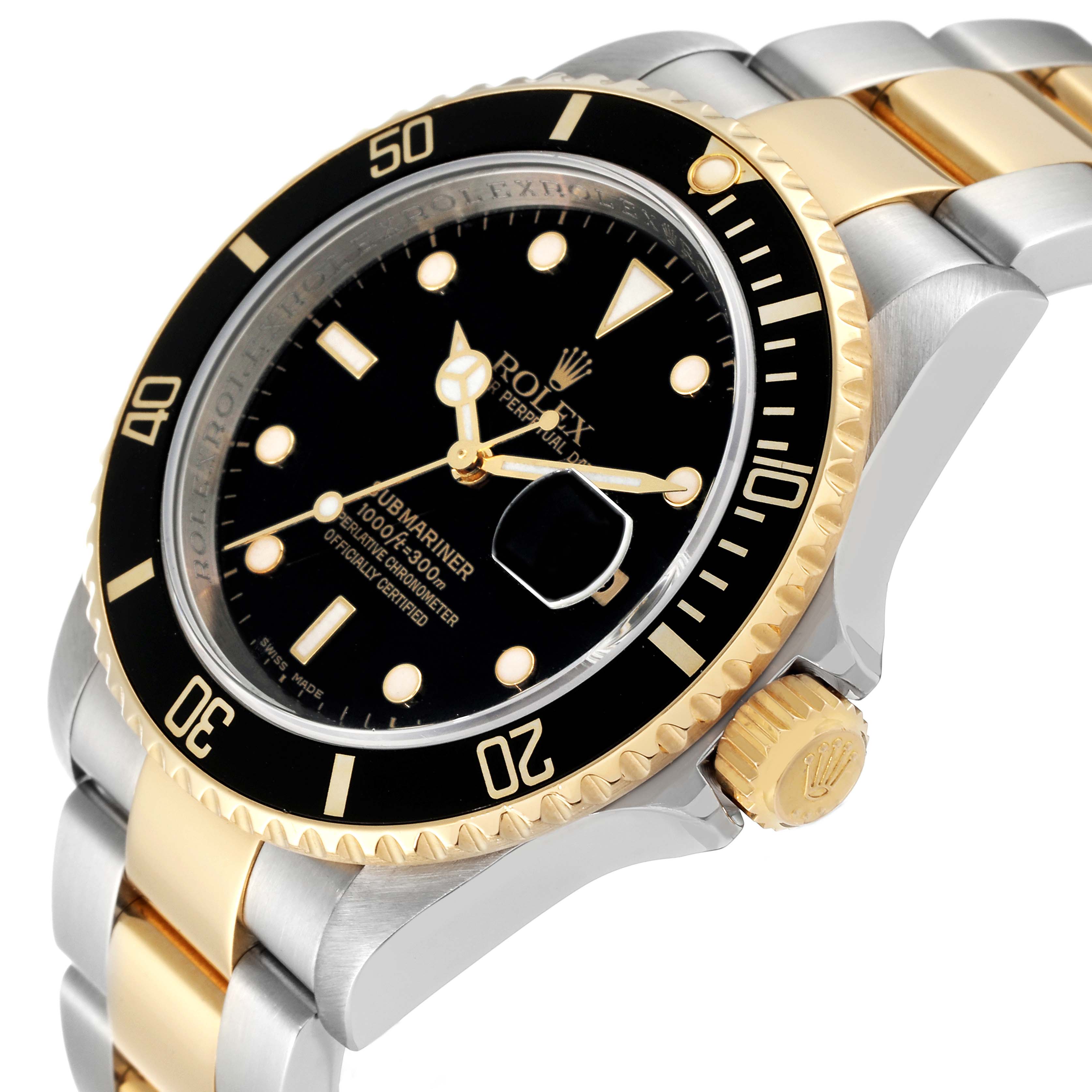 The image shows a close-up, angled view of a Rolex Submariner 16613 Men's Steel and Gold (two tone) Black Dial 16613 Men's Steel and Gold (two tone) Black Dial watch, highlighting its black dial, gold crown, and two-tone bracelet.