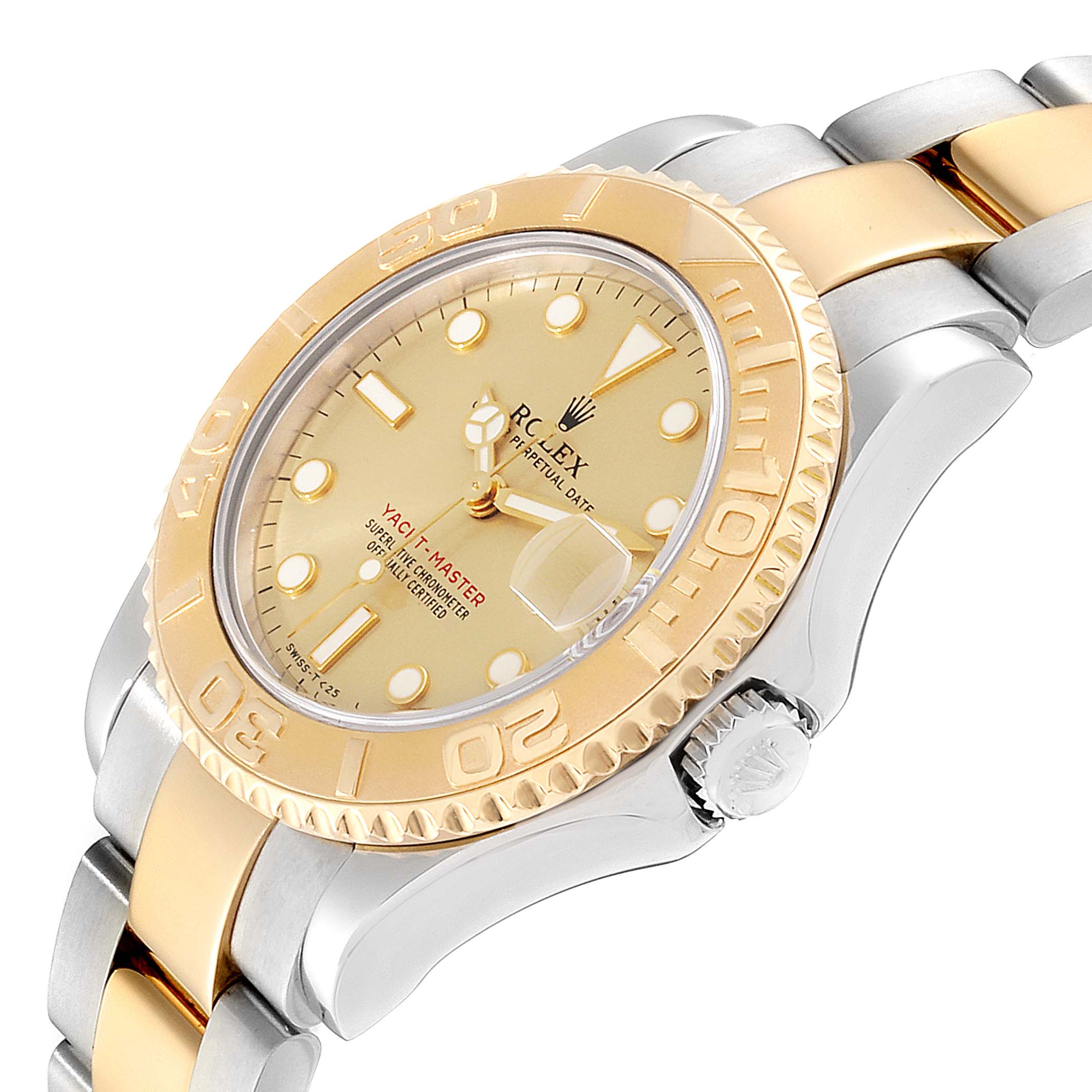The image shows a side angle view of a Rolex Yacht-Master 68623 Men
s Steel and Gold (two tone) Champagne Dial 68623 Men
s Steel and Gold (two tone) Champagne Dial watch, highlighting its bezel, dial, and bracelet.