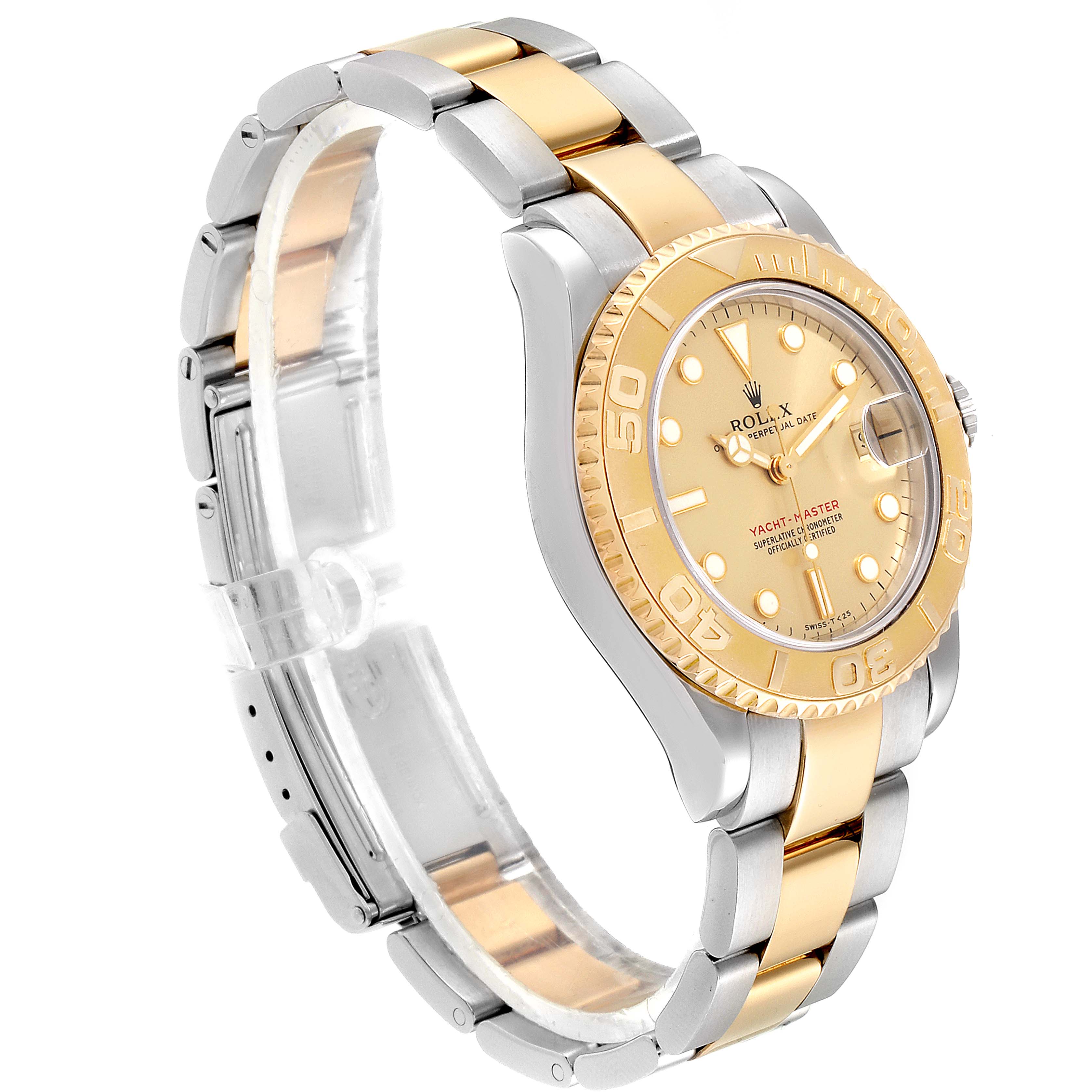 The Rolex Yacht-Master 68623 Men
s Steel and Gold (two tone) Champagne Dial 68623 Men
s Steel and Gold (two tone) Champagne Dial watch is shown at a slight angle, displaying its face, bezel, crown, and bracelet.